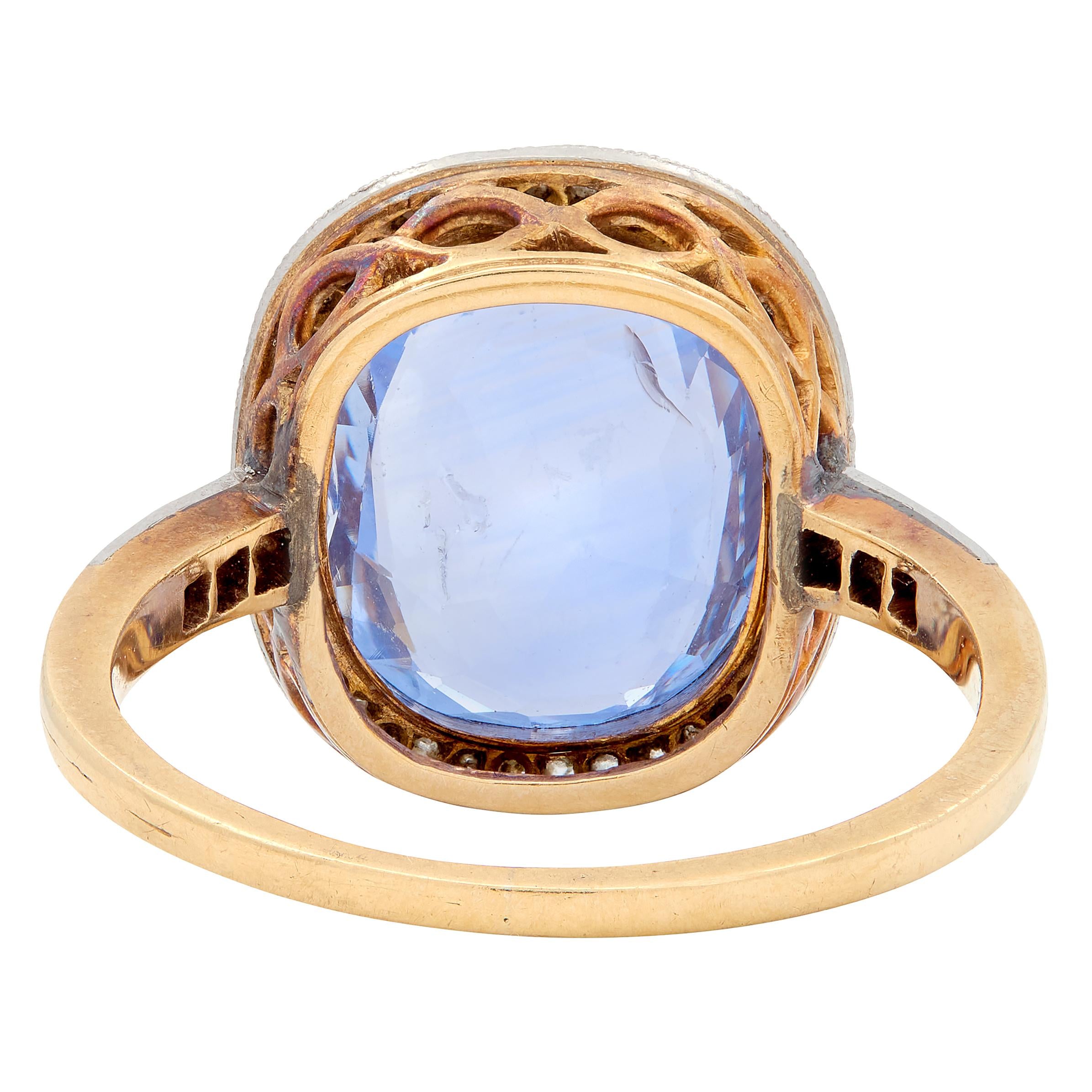 Edwardian Diamond Sapphire 14 Karat Yellow Gold Platinum Antique Halo Ring GIA