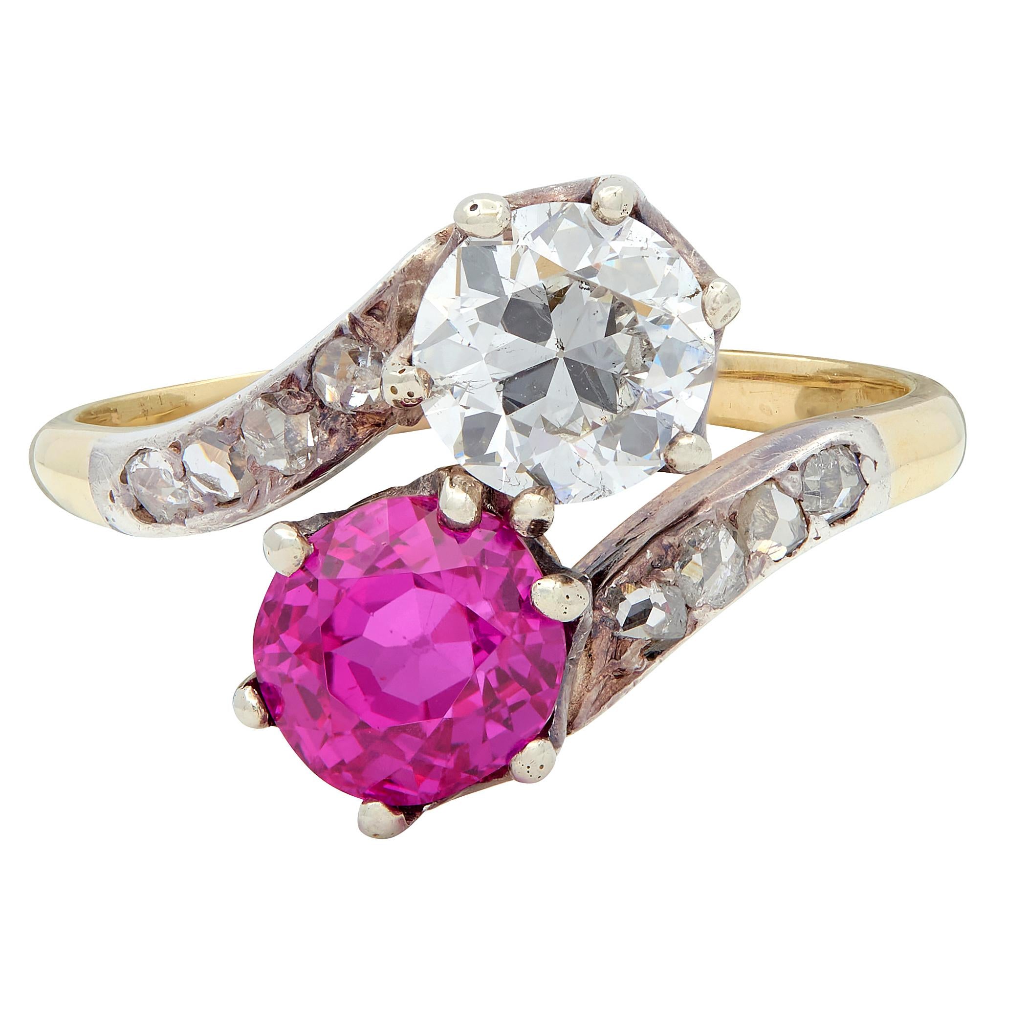 Victorian No Heat Burma Sapphire Diamond 14K Gold Silver Antique Toi-Et-Moi Ring