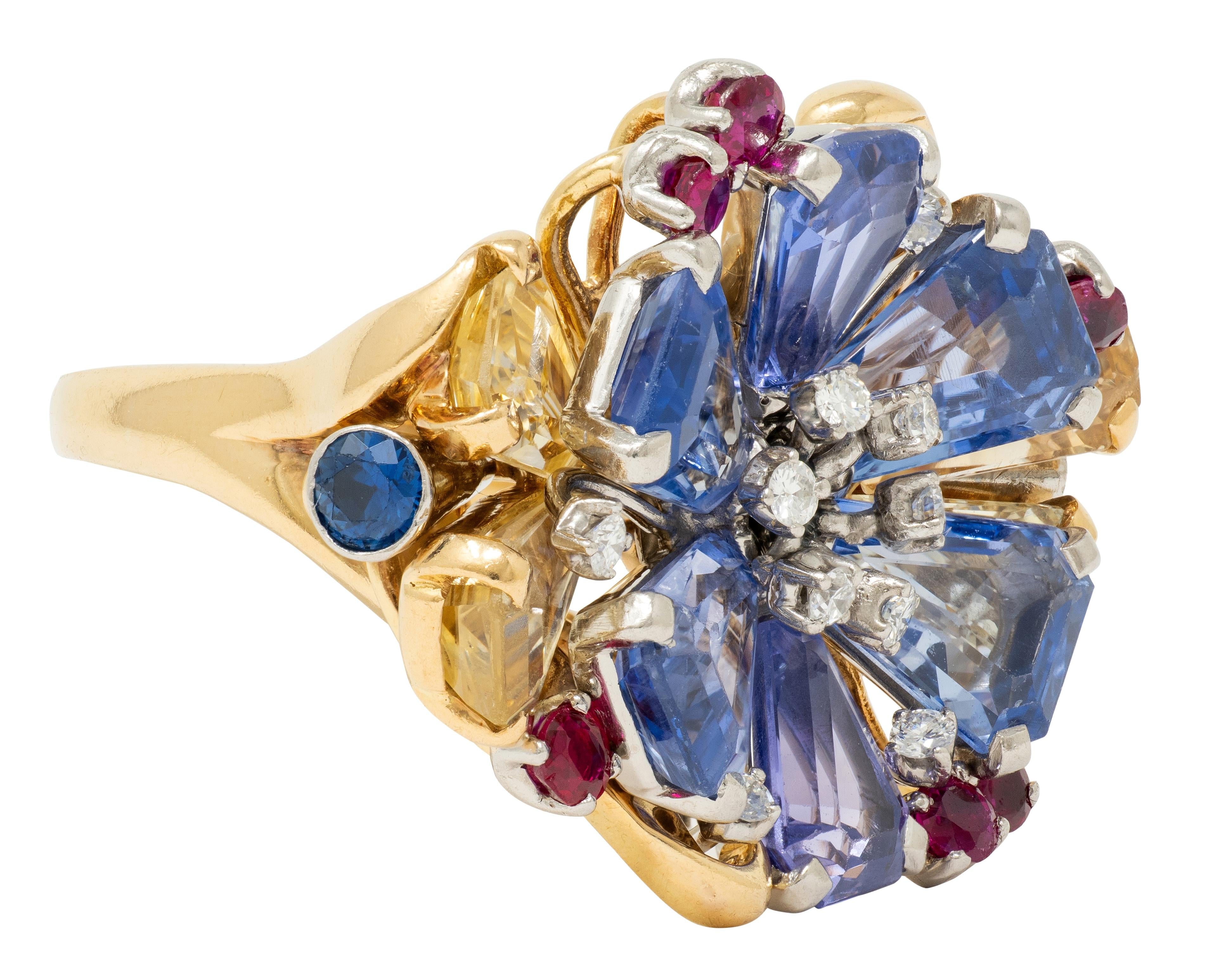 Tiffany & Co. 1940s Retro Sapphire Diamond 18K Gold Vintage Floral Cocktail Ring