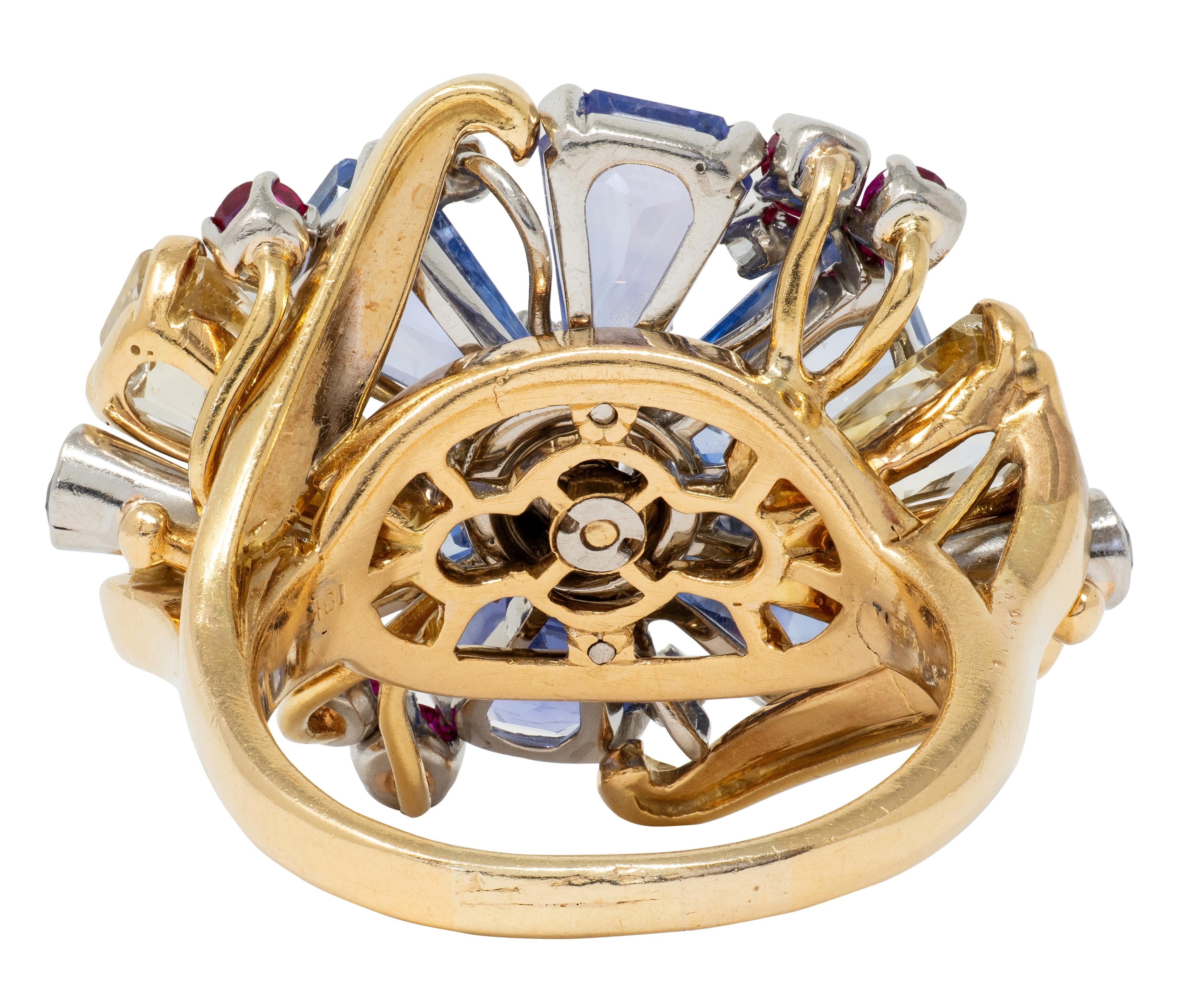 Tiffany & Co. 1940s Retro Sapphire Diamond 18K Gold Vintage Floral Cocktail Ring