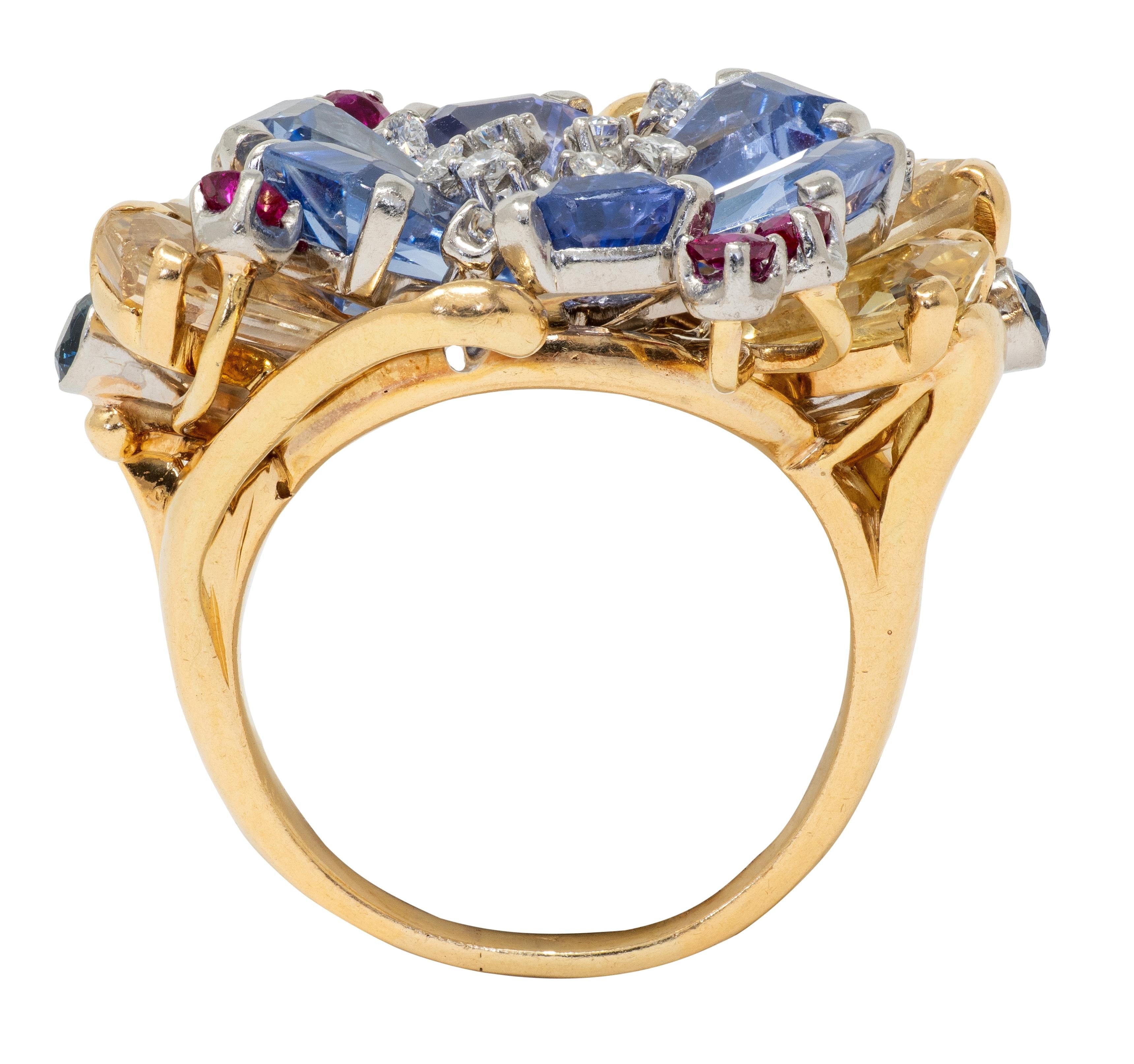 Tiffany & Co. 1940s Retro Sapphire Diamond 18K Gold Vintage Floral Cocktail Ring