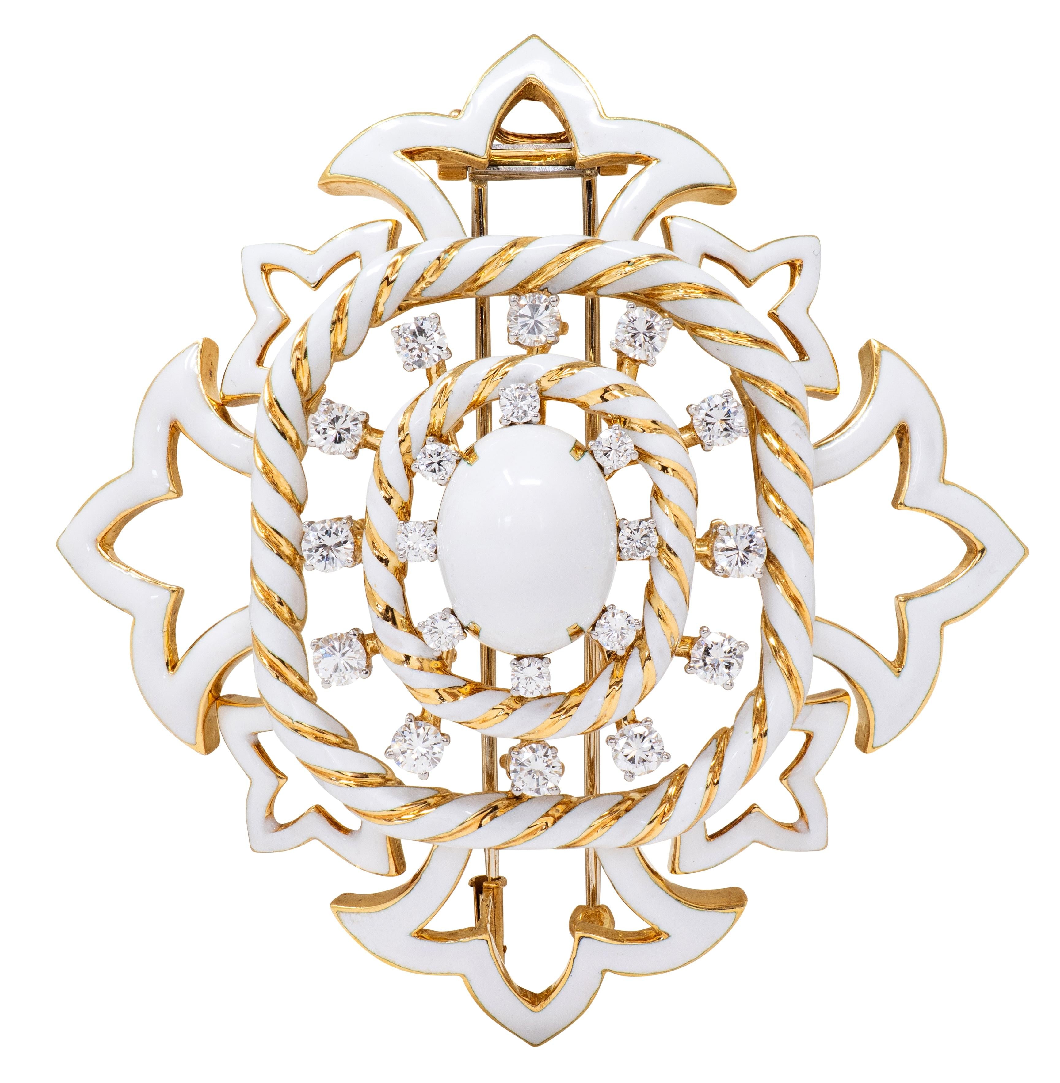 David Webb 1980's Diamond Enamel 18K Gold Platinum Vintage Cross Pendant Brooch