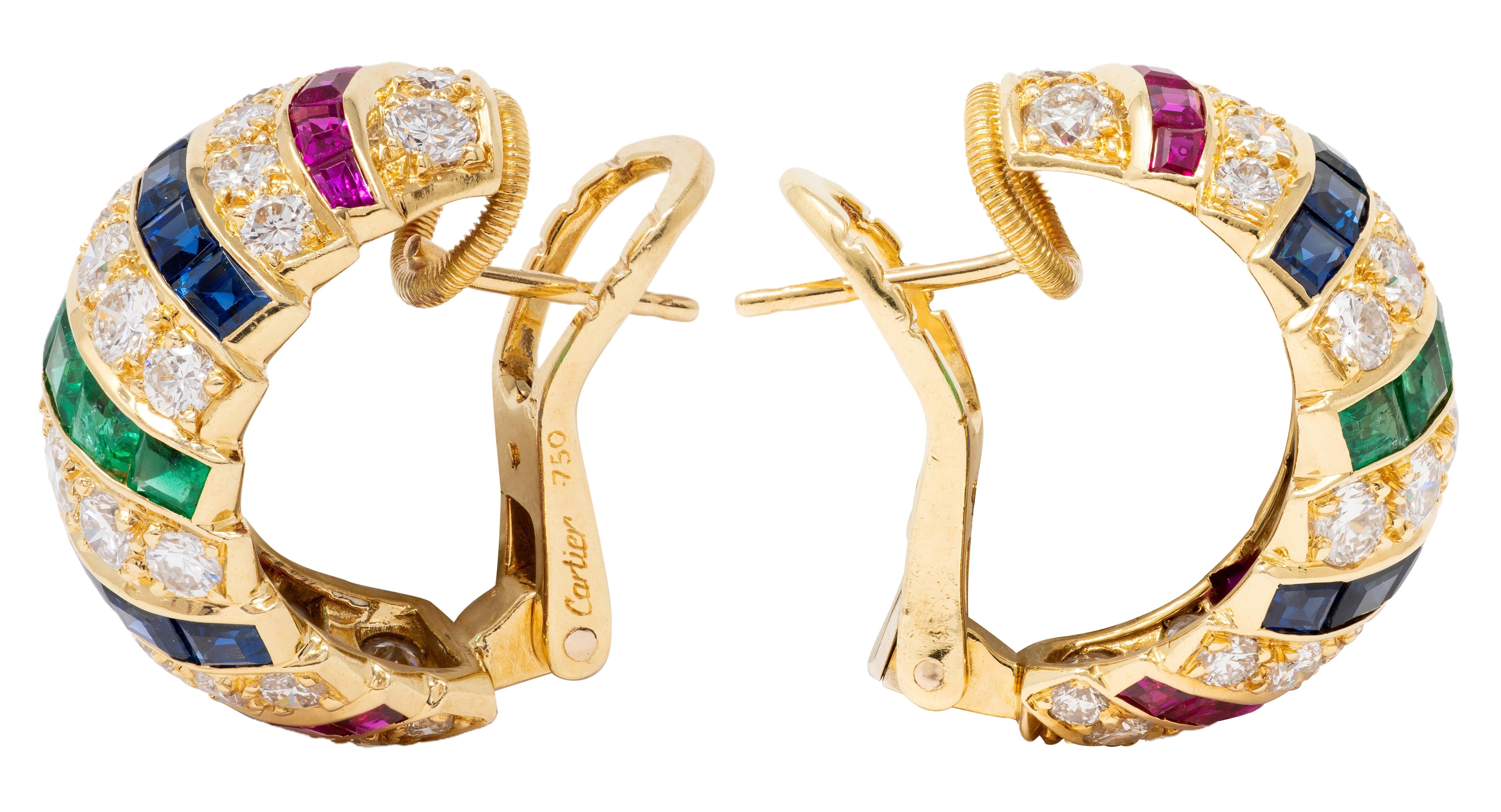 Cartier 1980's Diamond Multi-Gem 18K Gold Vintage Domed Turban Earrings
