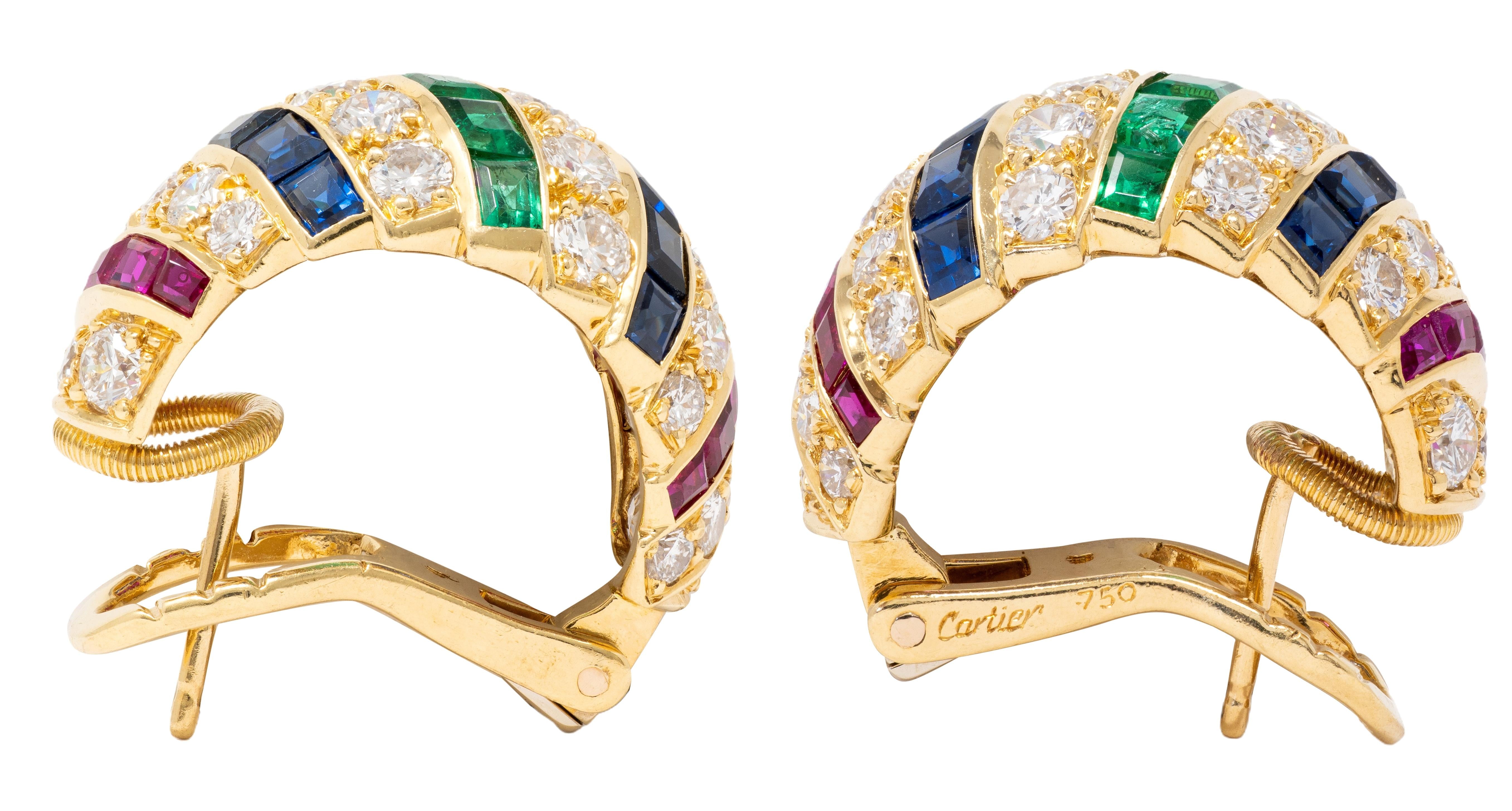Cartier 1980's Diamond Multi-Gem 18K Gold Vintage Domed Turban Earrings