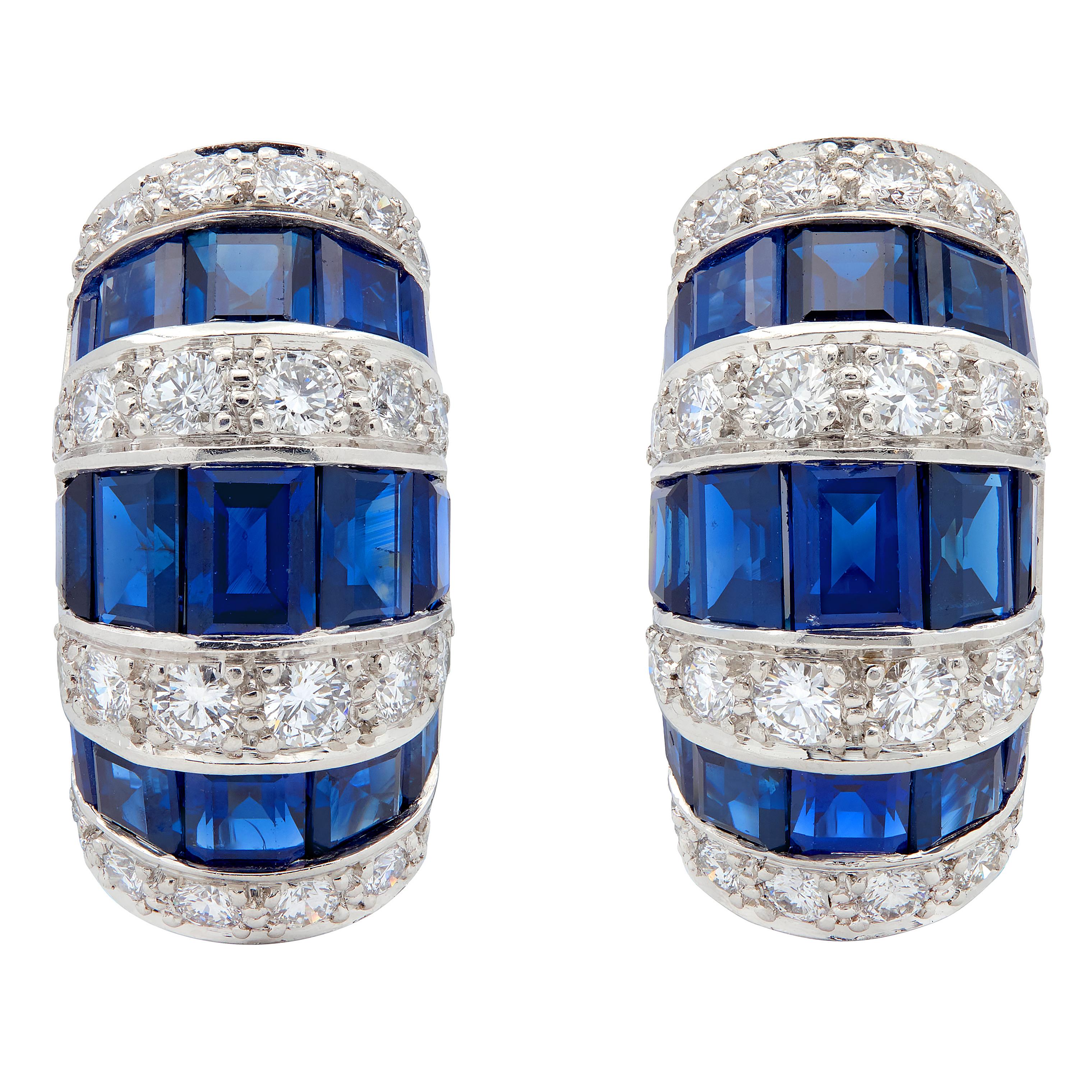 Oscar Heyman 1980's Diamond Sapphire Platinum Vintage J-Hoop Earrings
