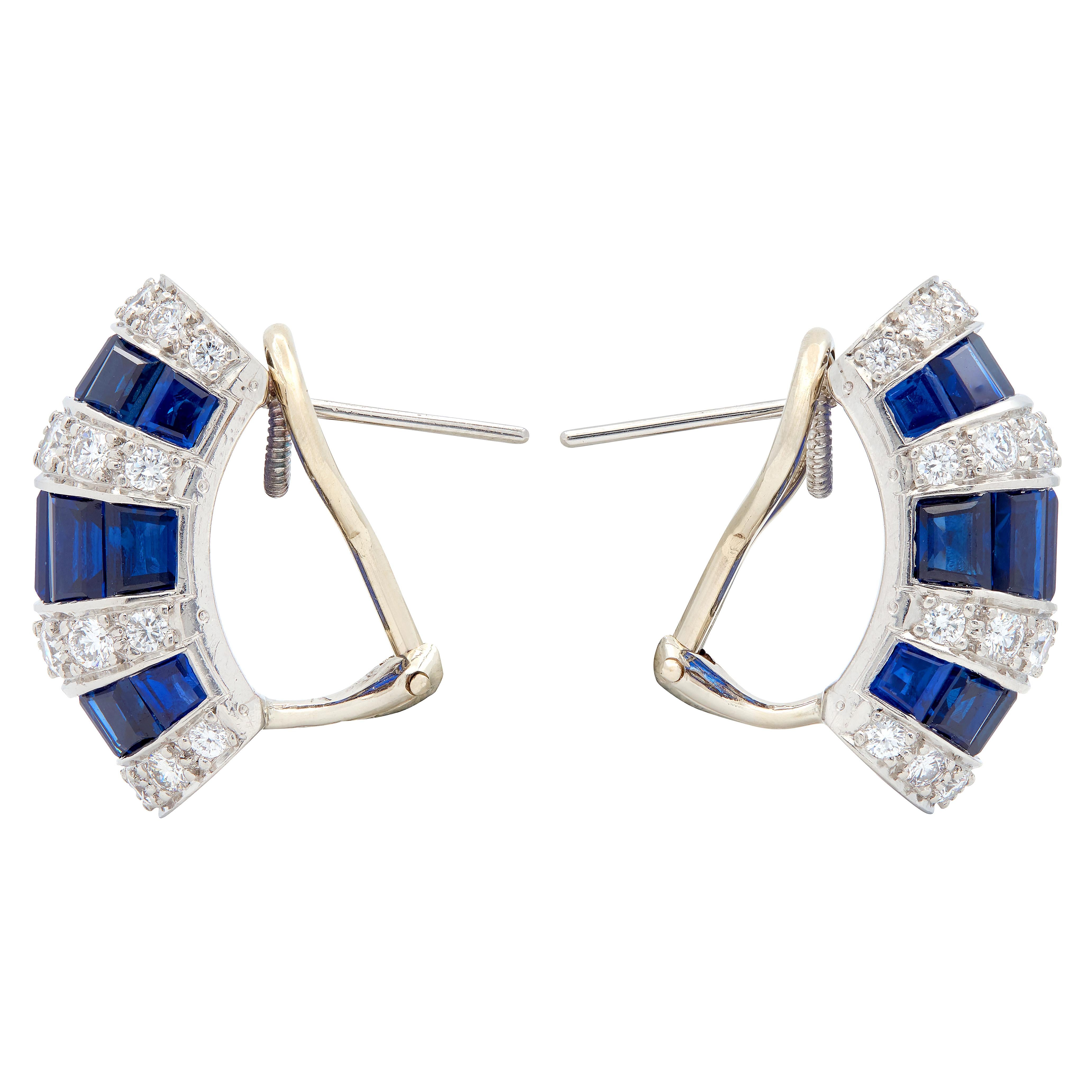 Oscar Heyman 1980's Diamond Sapphire Platinum Vintage J-Hoop Earrings