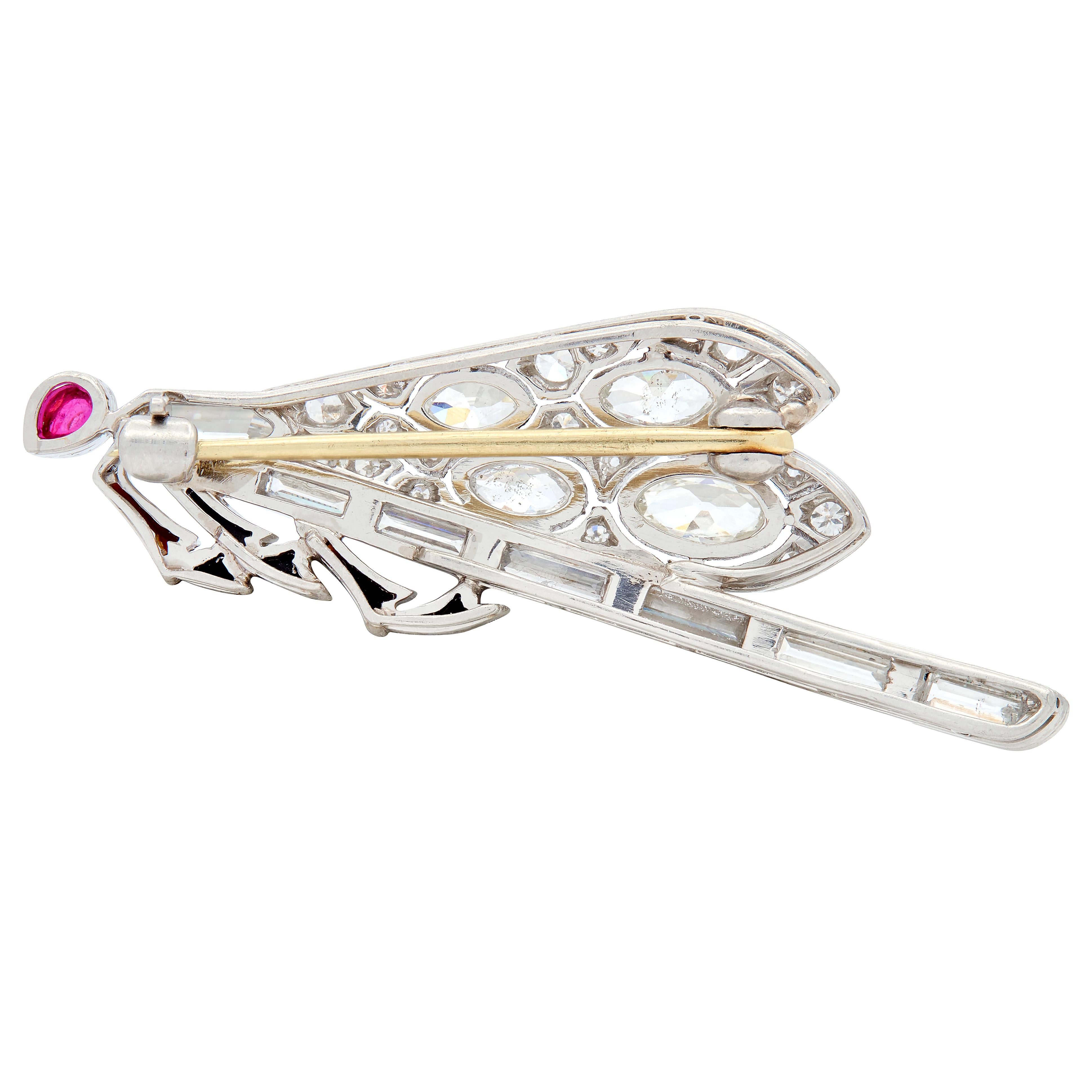 Art Deco Diamond Ruby Onyx Platinum 18K Gold Vintage Dragonfly Unisex Brooch