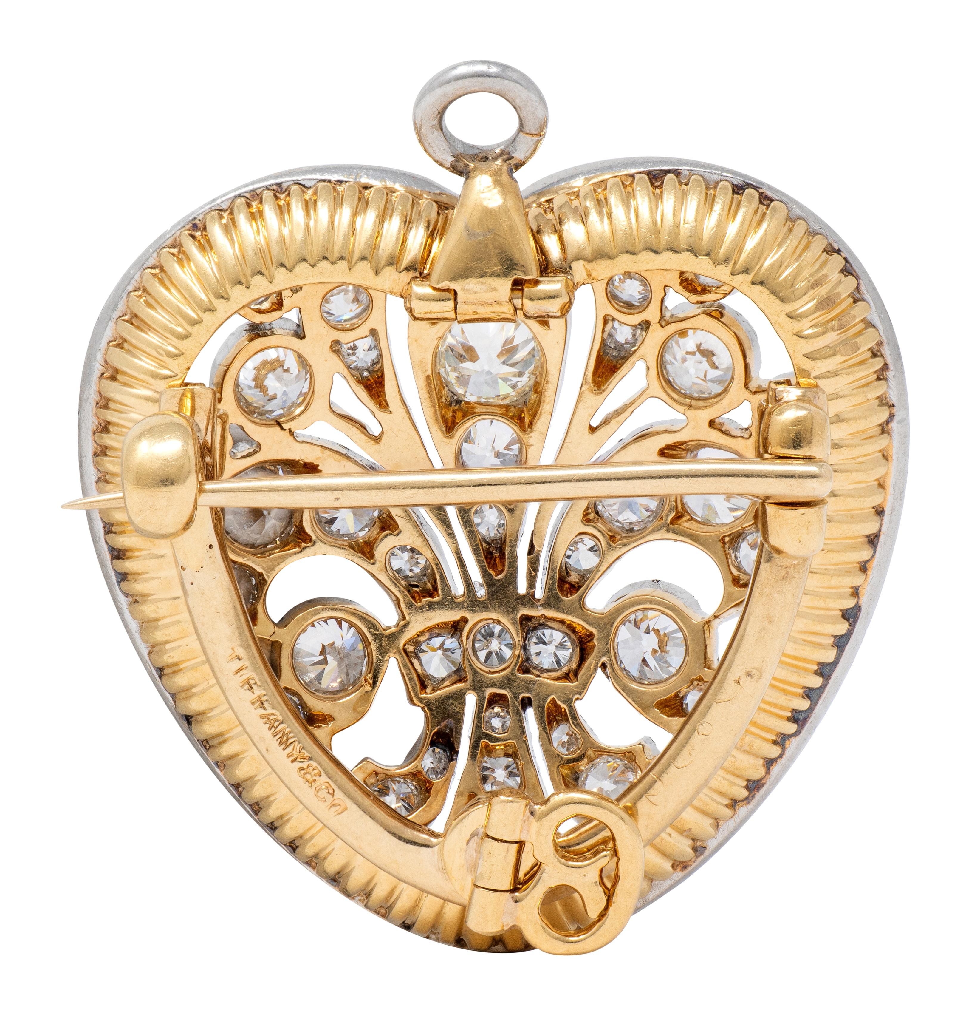 Tiffany & Co. Edwardian Diamond 18K Gold Platinum Antique Heart Pendant Brooch