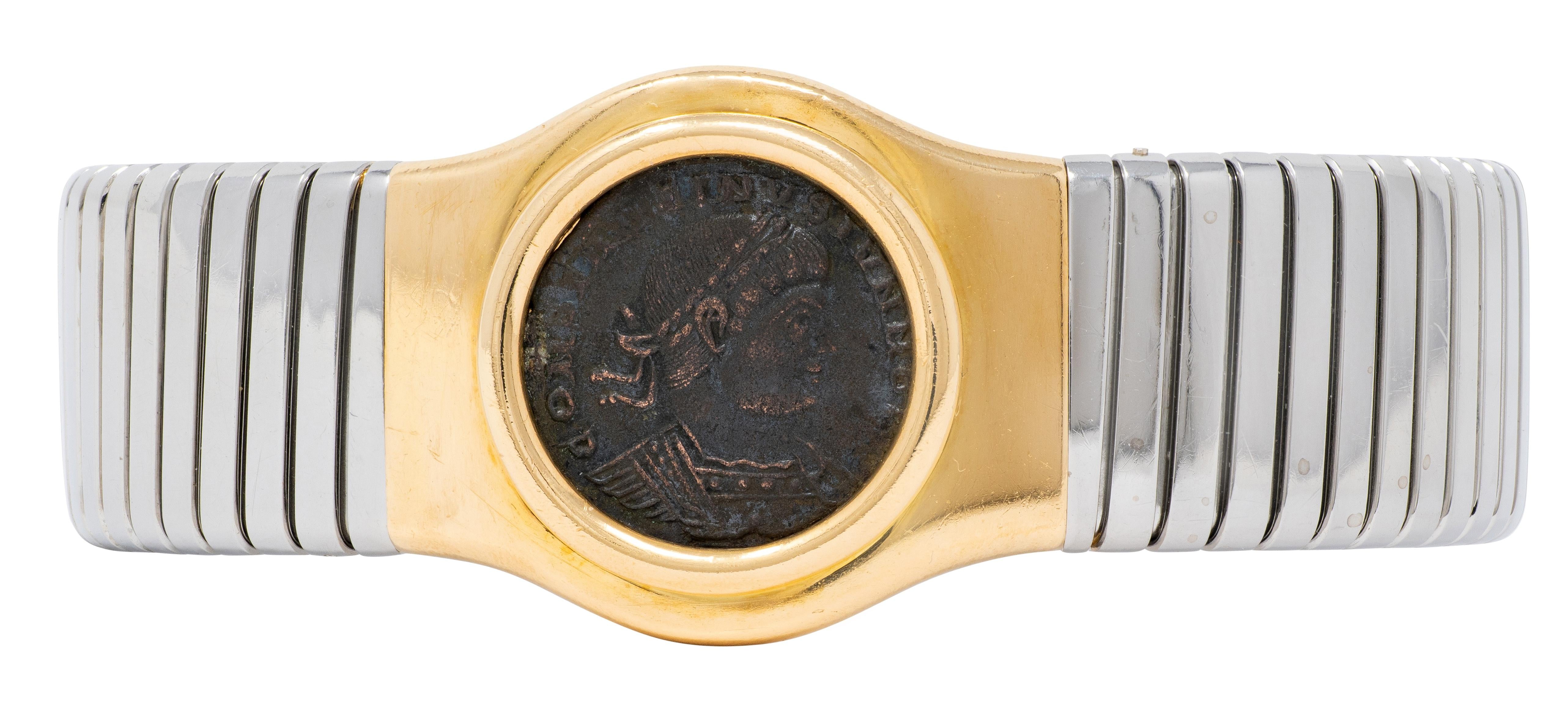 Bulgari 1980's Ancient Roman Coin 18K Gold Steel Vintage Monete Cuff Bracelet
