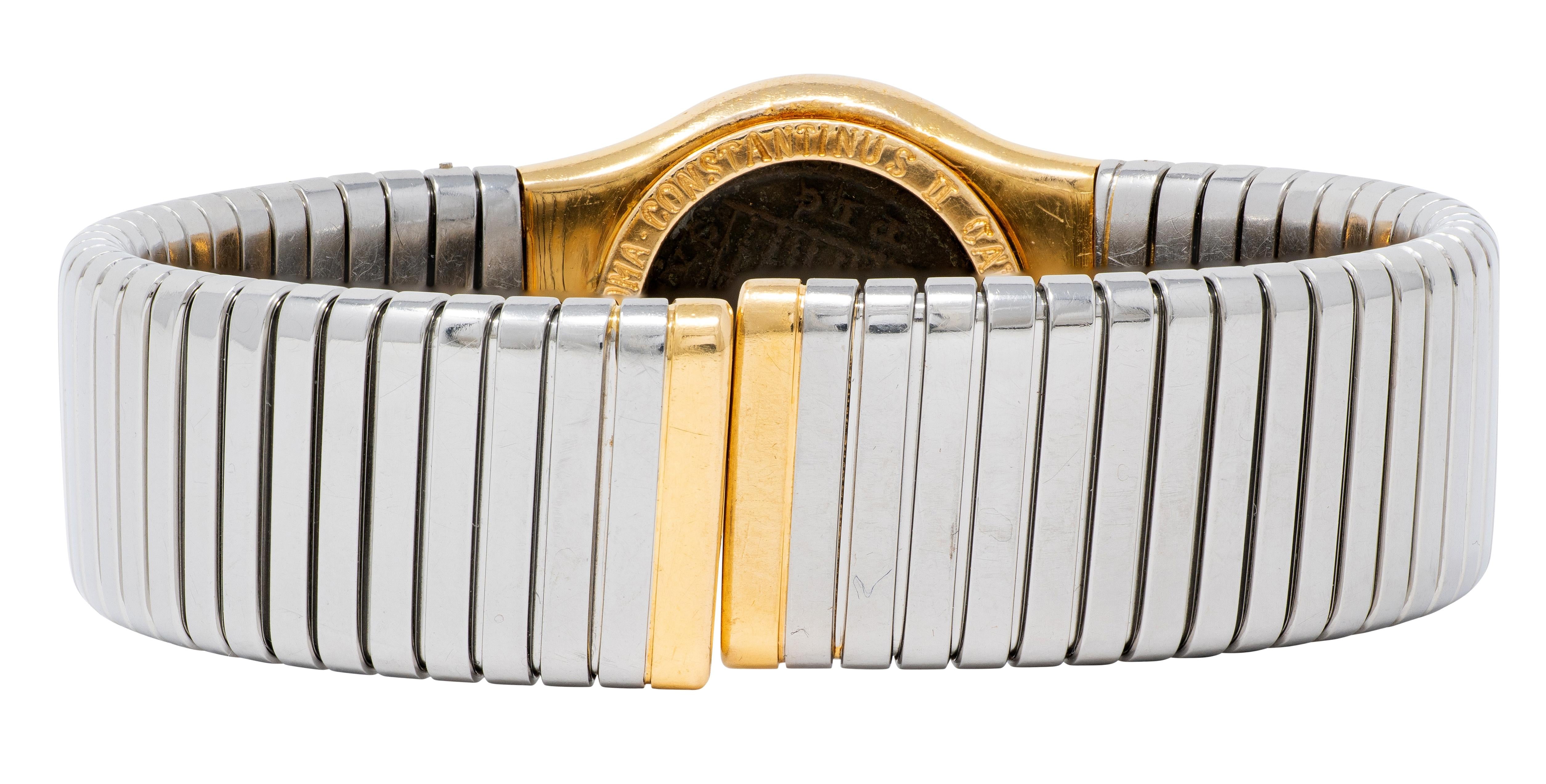 Bulgari 1980's Ancient Roman Coin 18K Gold Steel Vintage Monete Cuff Bracelet