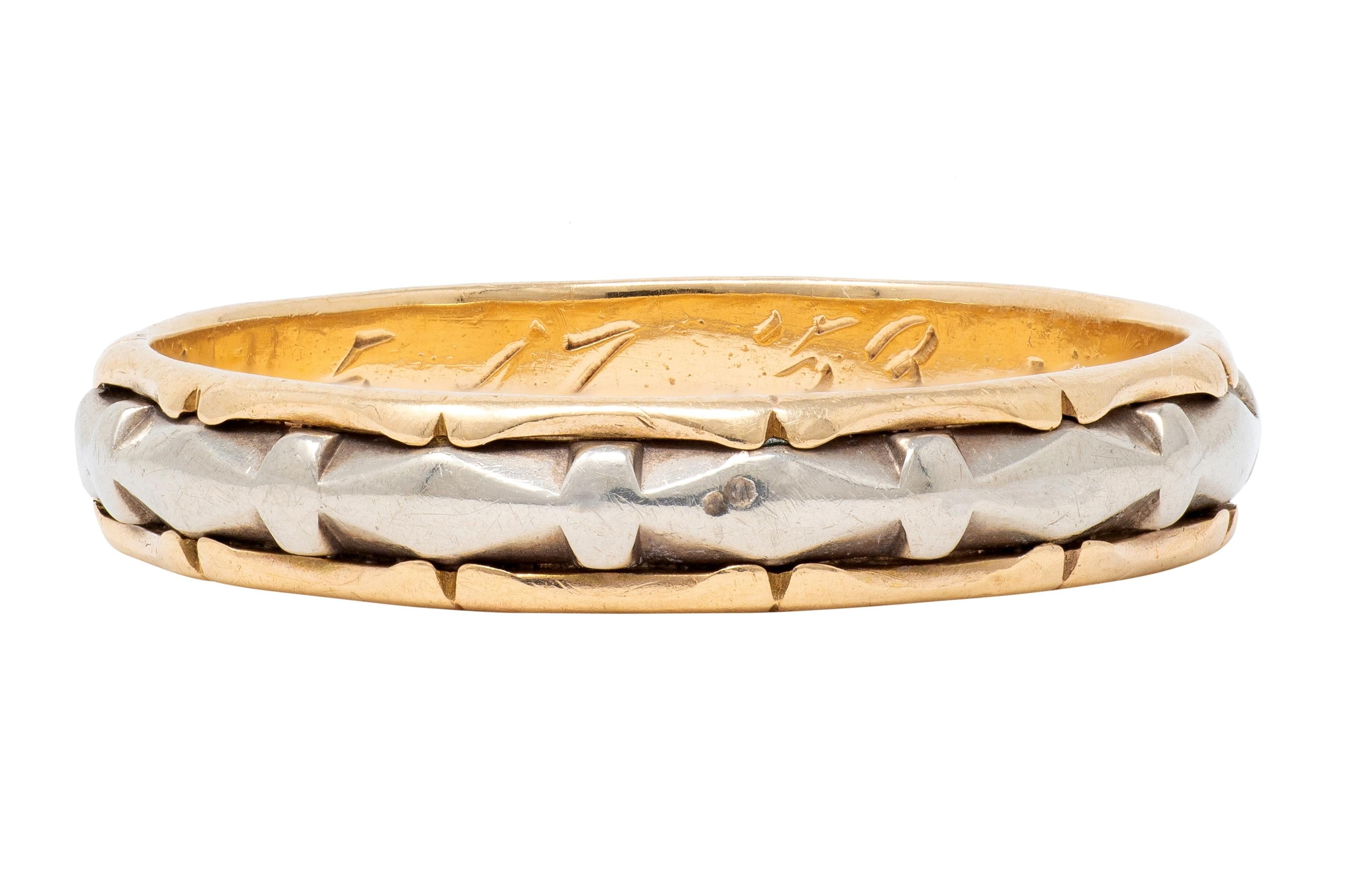 J.R. Woods & Sons 1953 14 Karat Two-Tone Gold Vintage Grooved Wedding Band Ring