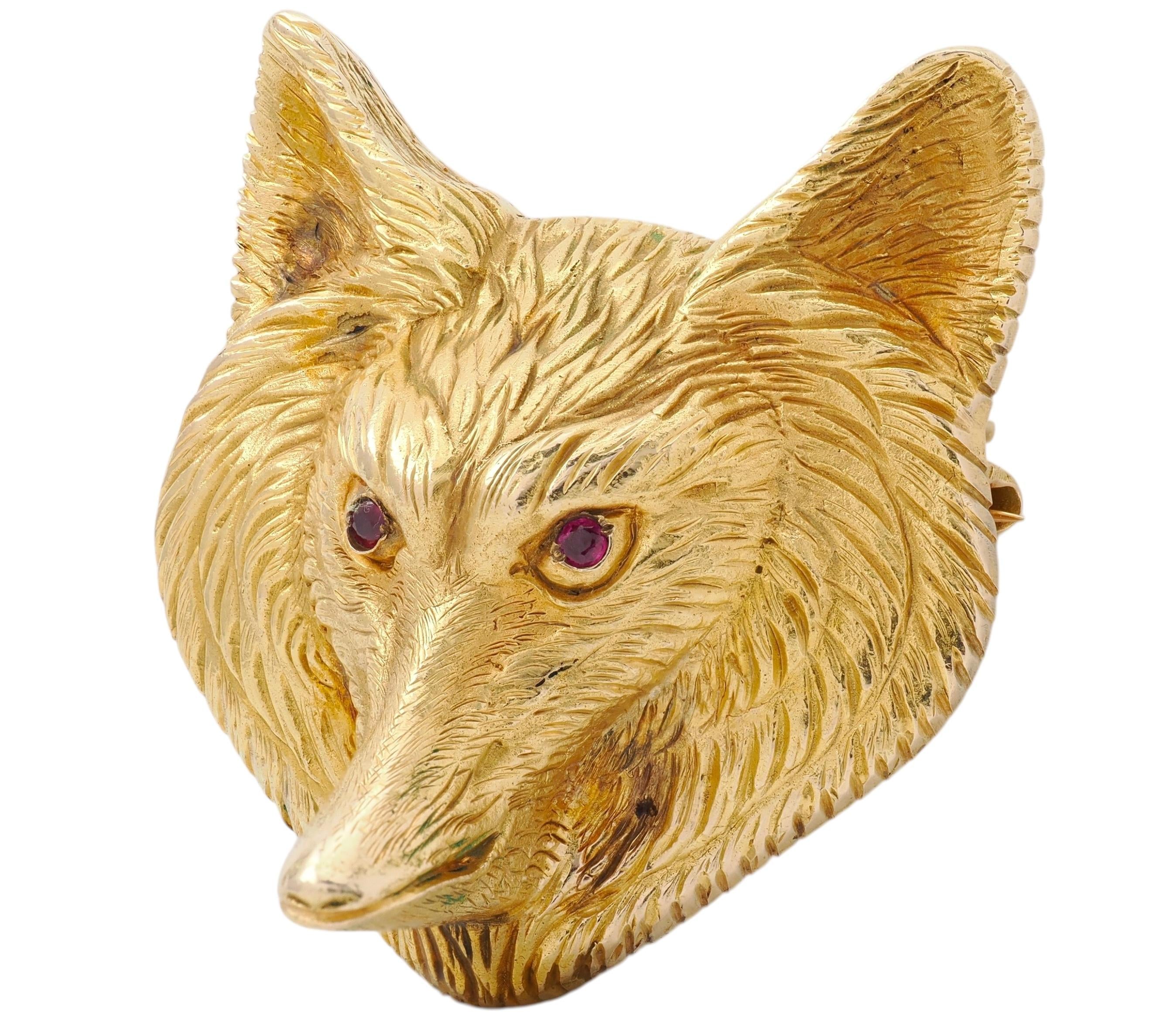J. E. Caldwell Art Nouveau Ruby 14 Karat Yellow Gold Antique Wolf Head Brooch
