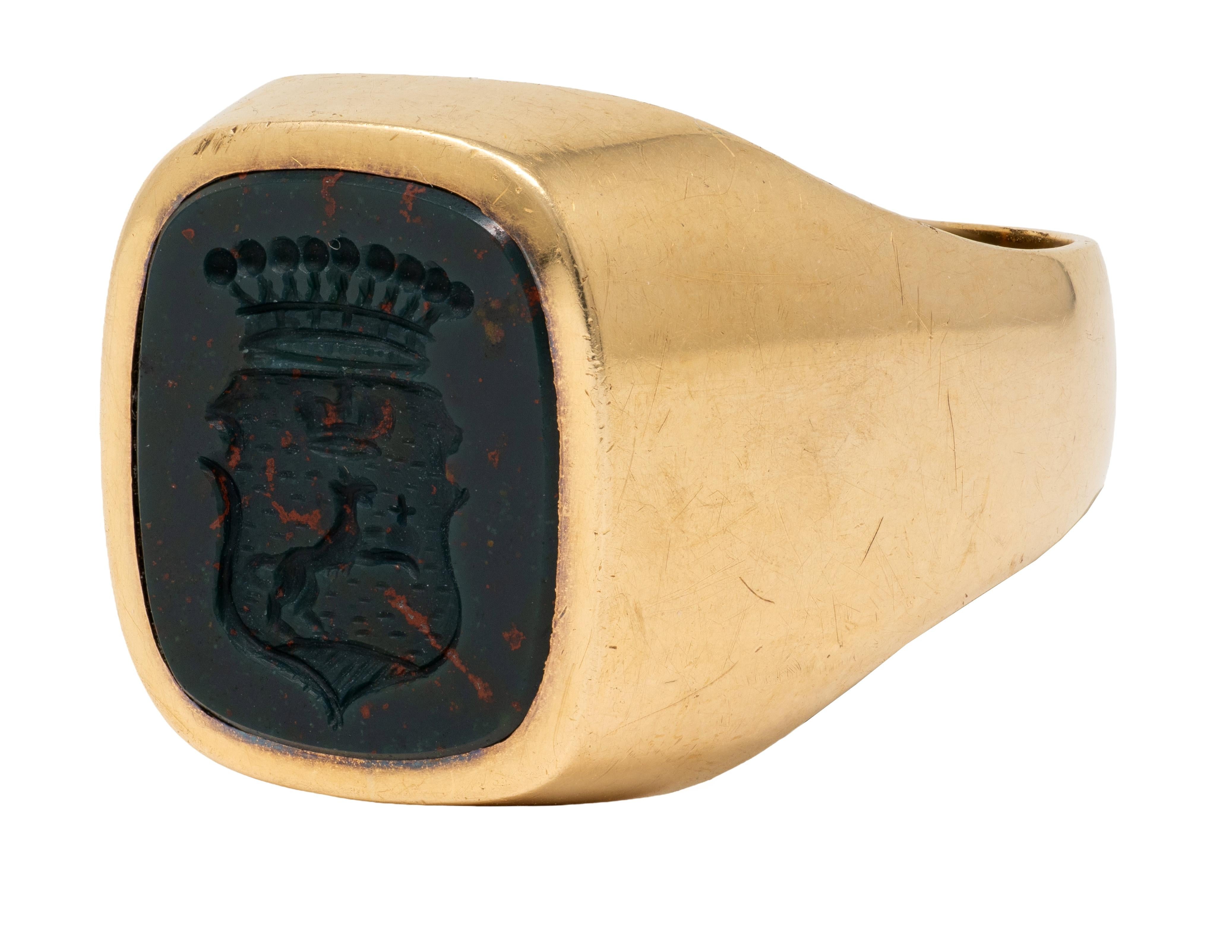 Art Deco Bloodstone 14K Yellow Gold Antique Heraldic Crest Intaglio Signet Ring