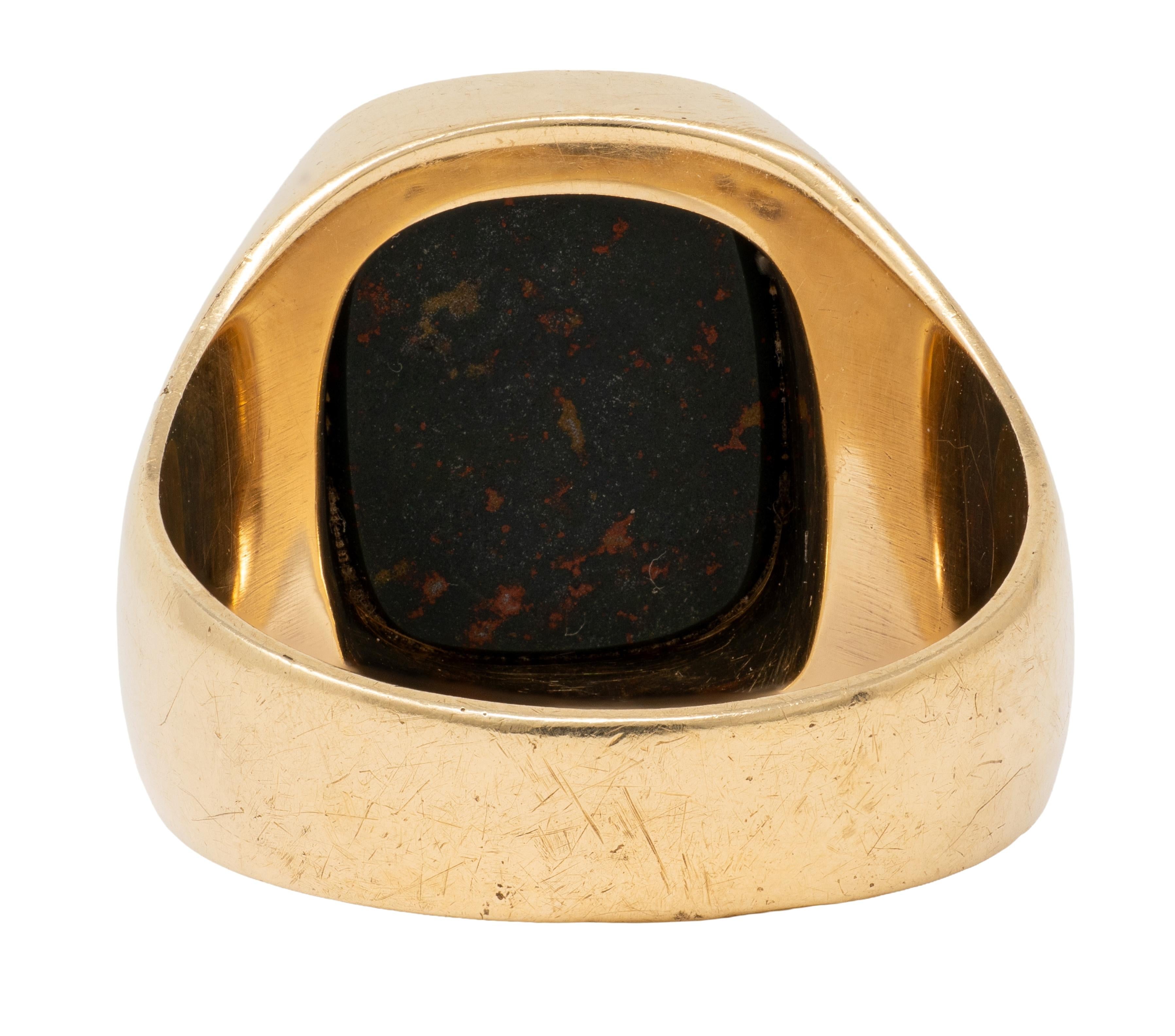Art Deco Bloodstone 14K Yellow Gold Antique Heraldic Crest Intaglio Signet Ring