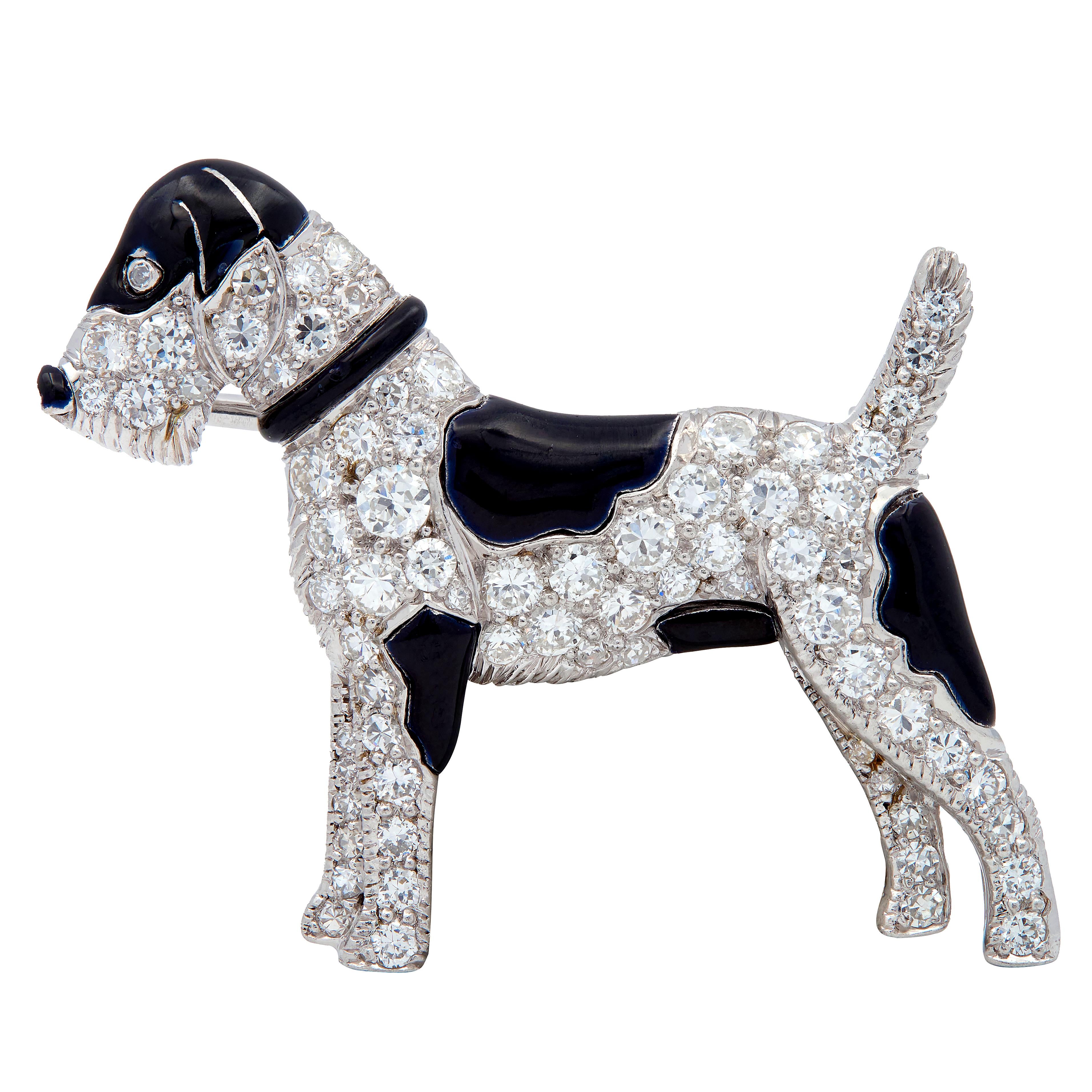 Art Deco Diamond Enamel Platinum Vintage Schnauzer Dog Brooch