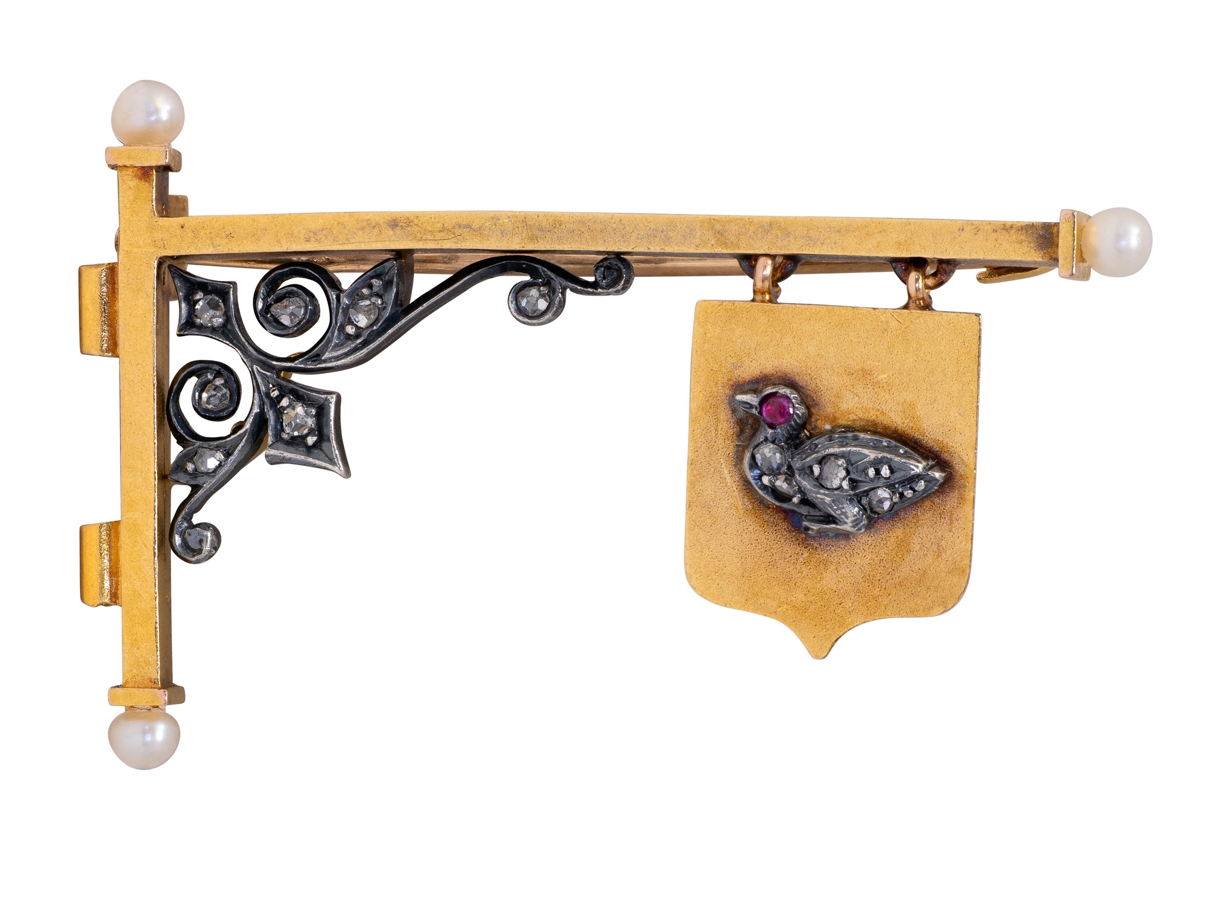 Victorian Ruby Diamond 18 Karat Gold Sterling Silver Antique Bird Sign Brooch