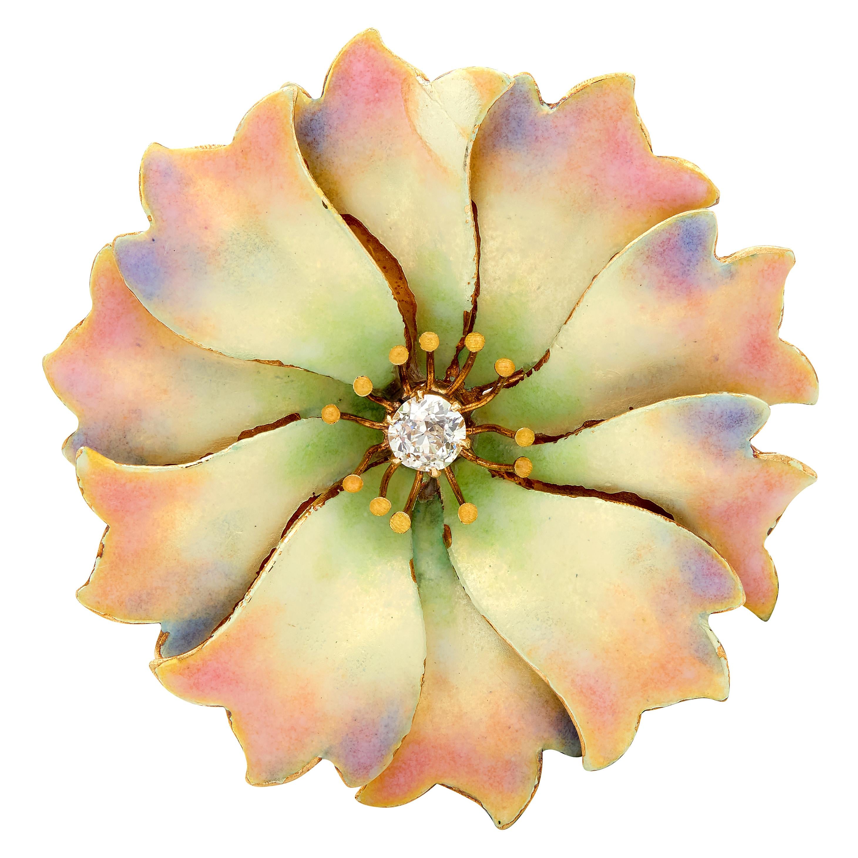 Hedges & Co. Art Nouveau Diamond Enamel 14K Gold Antique Flower Pendant Brooch