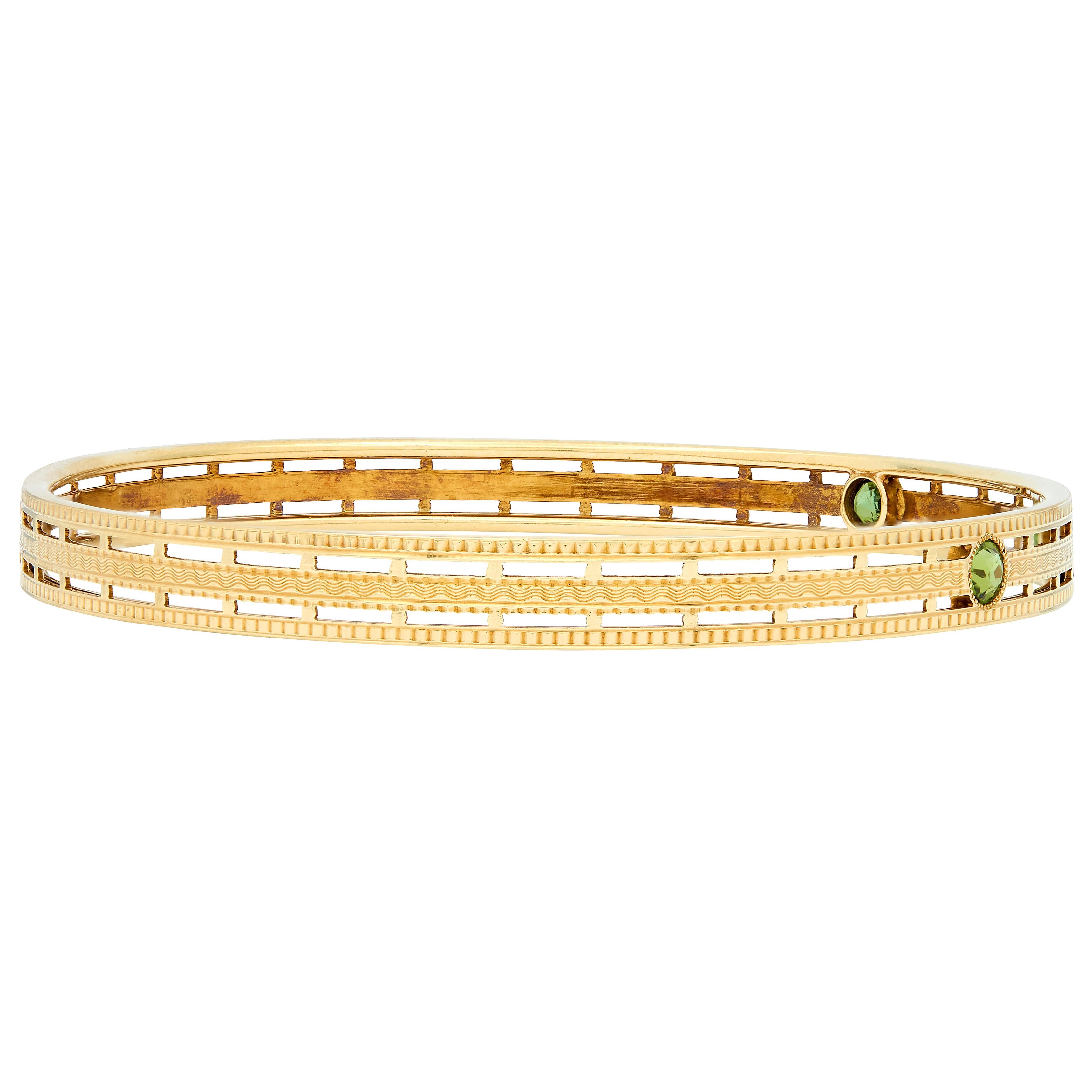 Carter Gough & Co. Art Nouveau Tourmaline 14K Gold Antique Bangle Bracelet