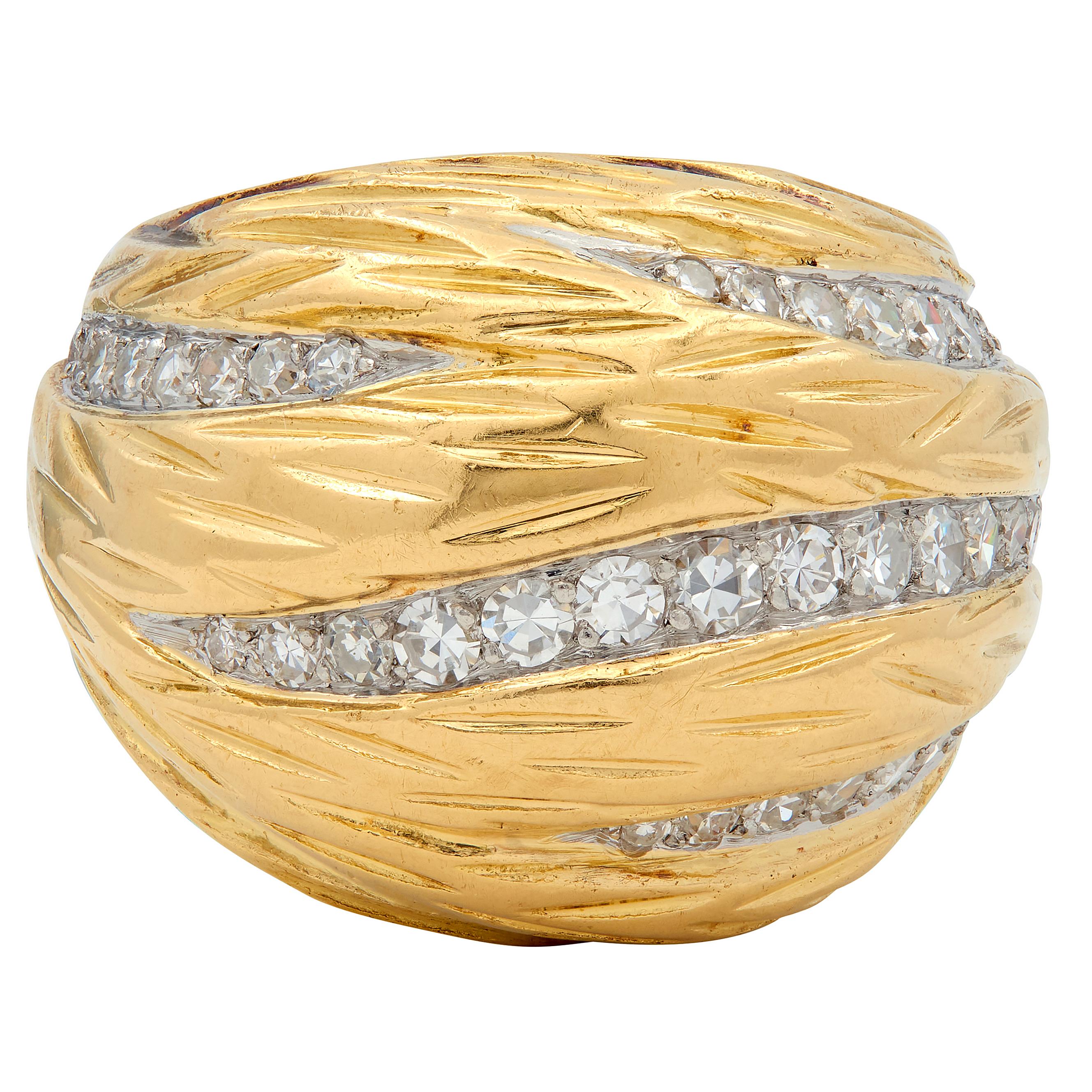 Mauboussin Paris 1960's Diamond 18 Karat Yellow Gold Platinum Vintage Dome Ring