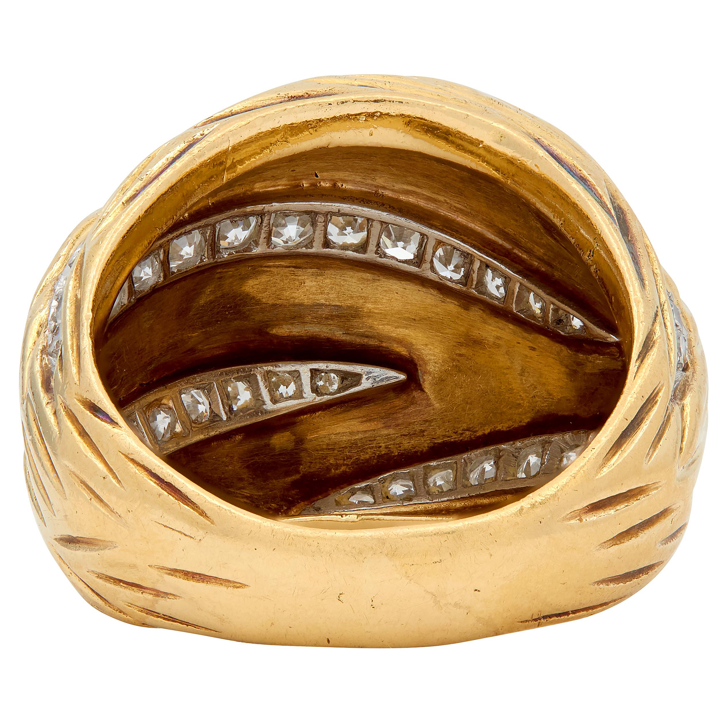 Mauboussin Paris 1960's Diamond 18 Karat Yellow Gold Platinum Vintage Dome Ring