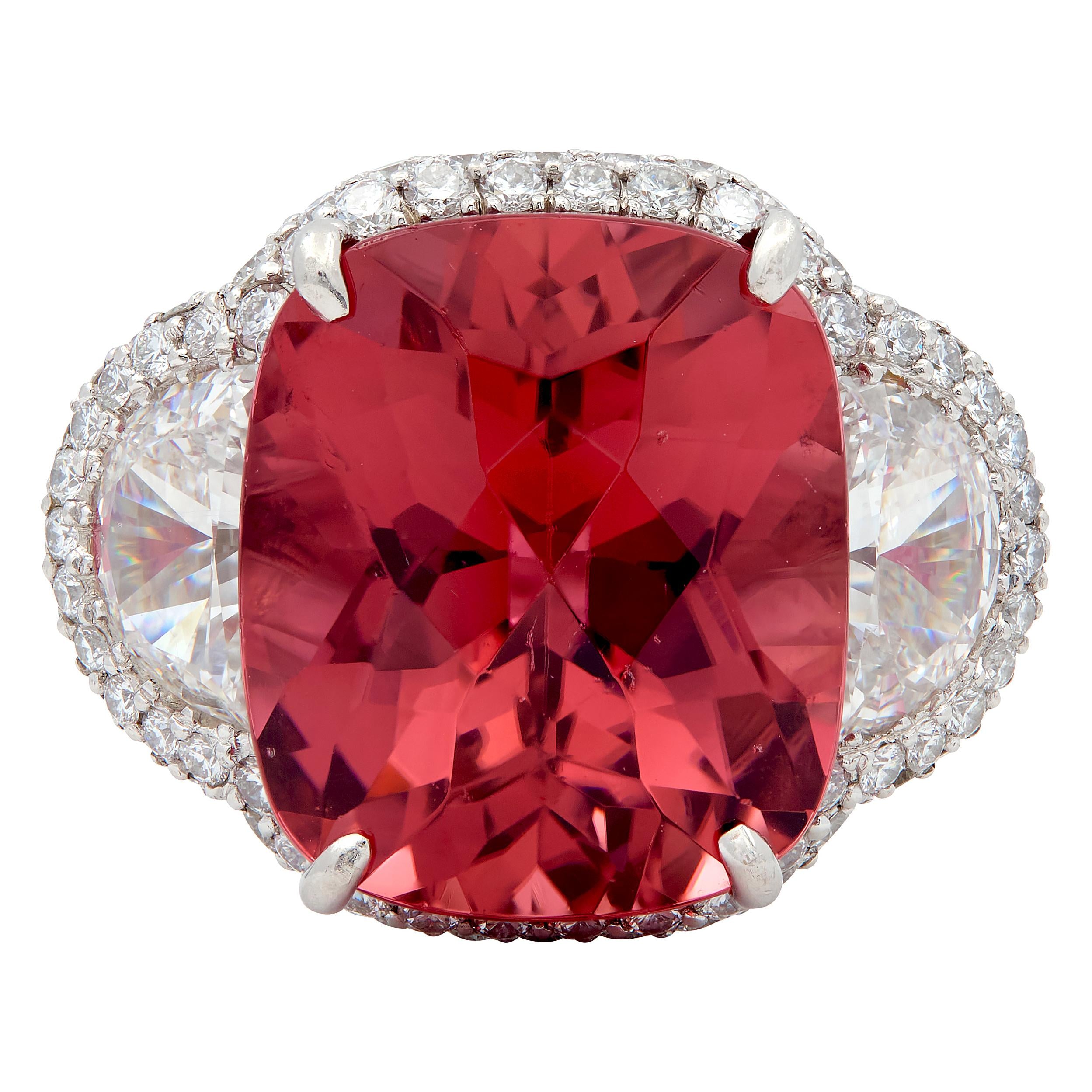Diamond Rubellite Tourmaline Platinum Contemporary Three Stone Halo Ring
