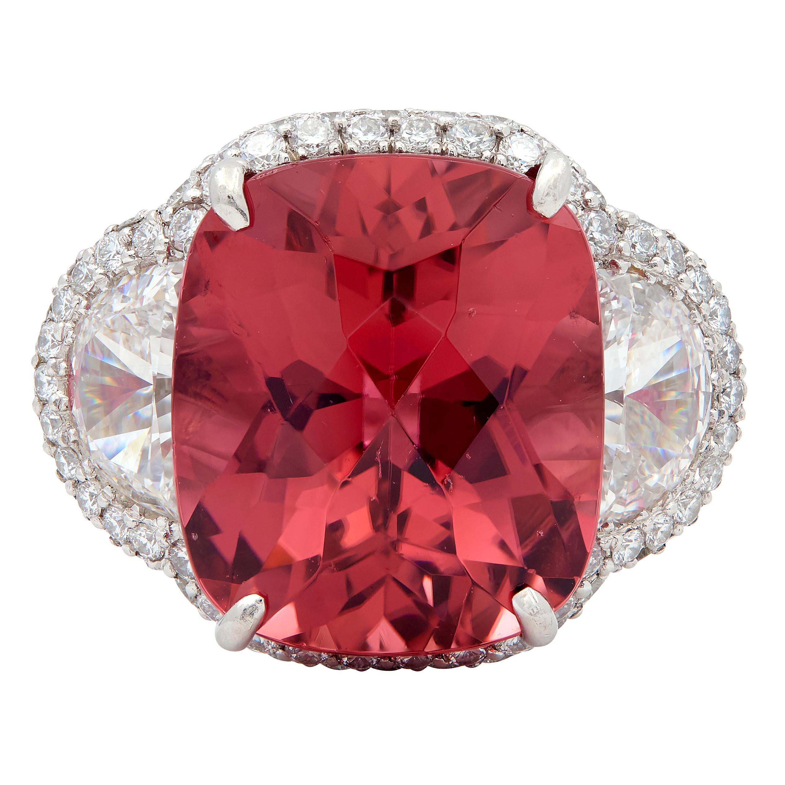 Diamond Rubellite Tourmaline Platinum Contemporary Three Stone Halo Ring