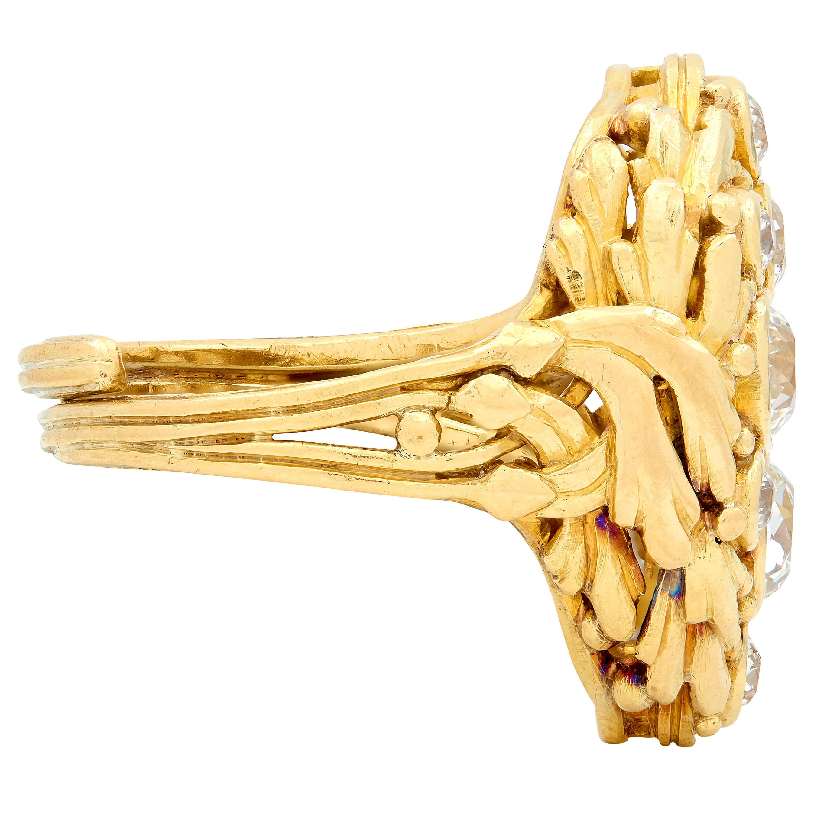 Art Nouveau 2.34 CTW Diamond 18 Karat Yellow Gold Antique Nest Cluster Ring