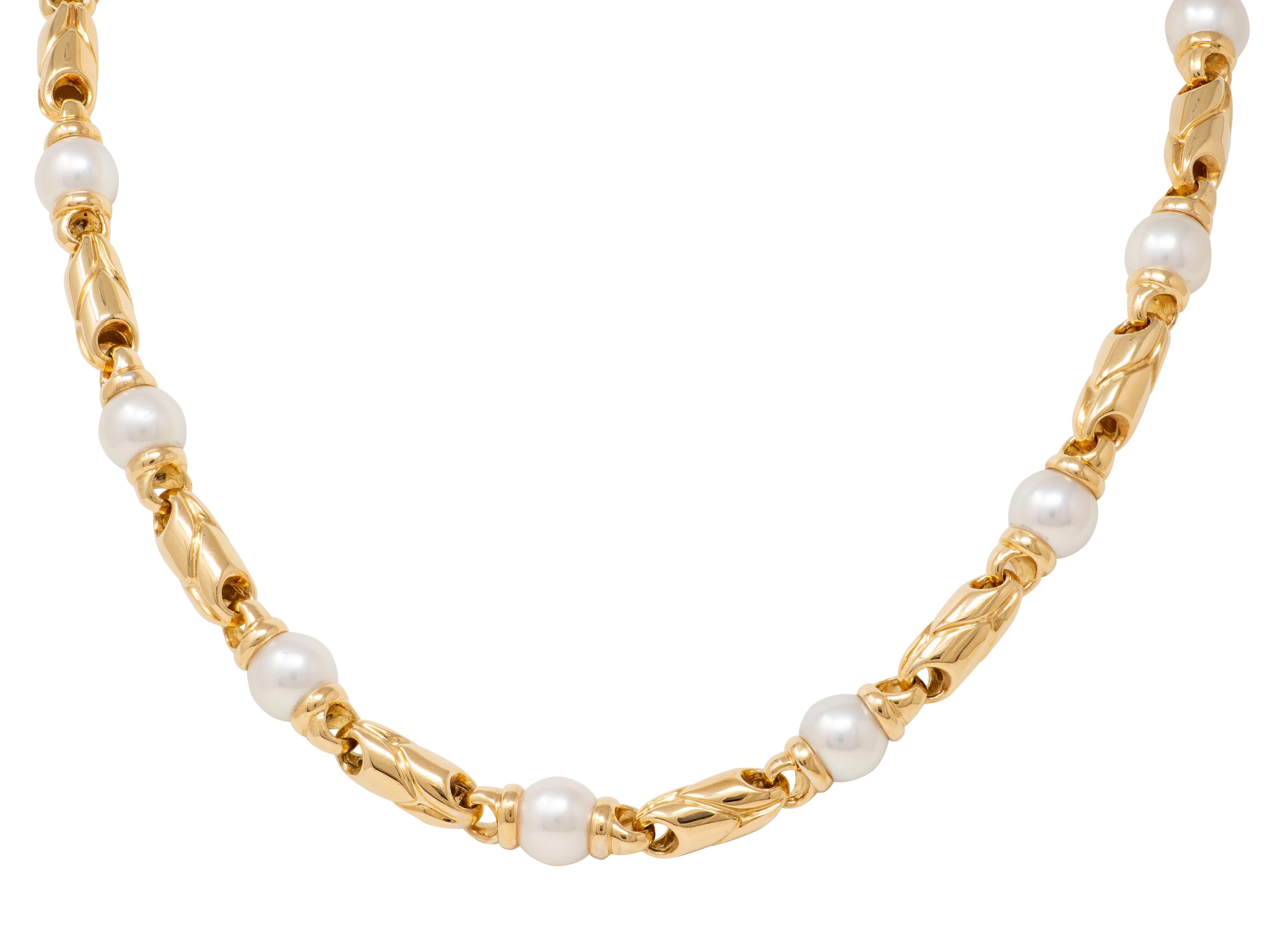 Bulgari 1980's Pearl 18 Karat Yellow Gold Vintage Passo Doppio Station Necklace