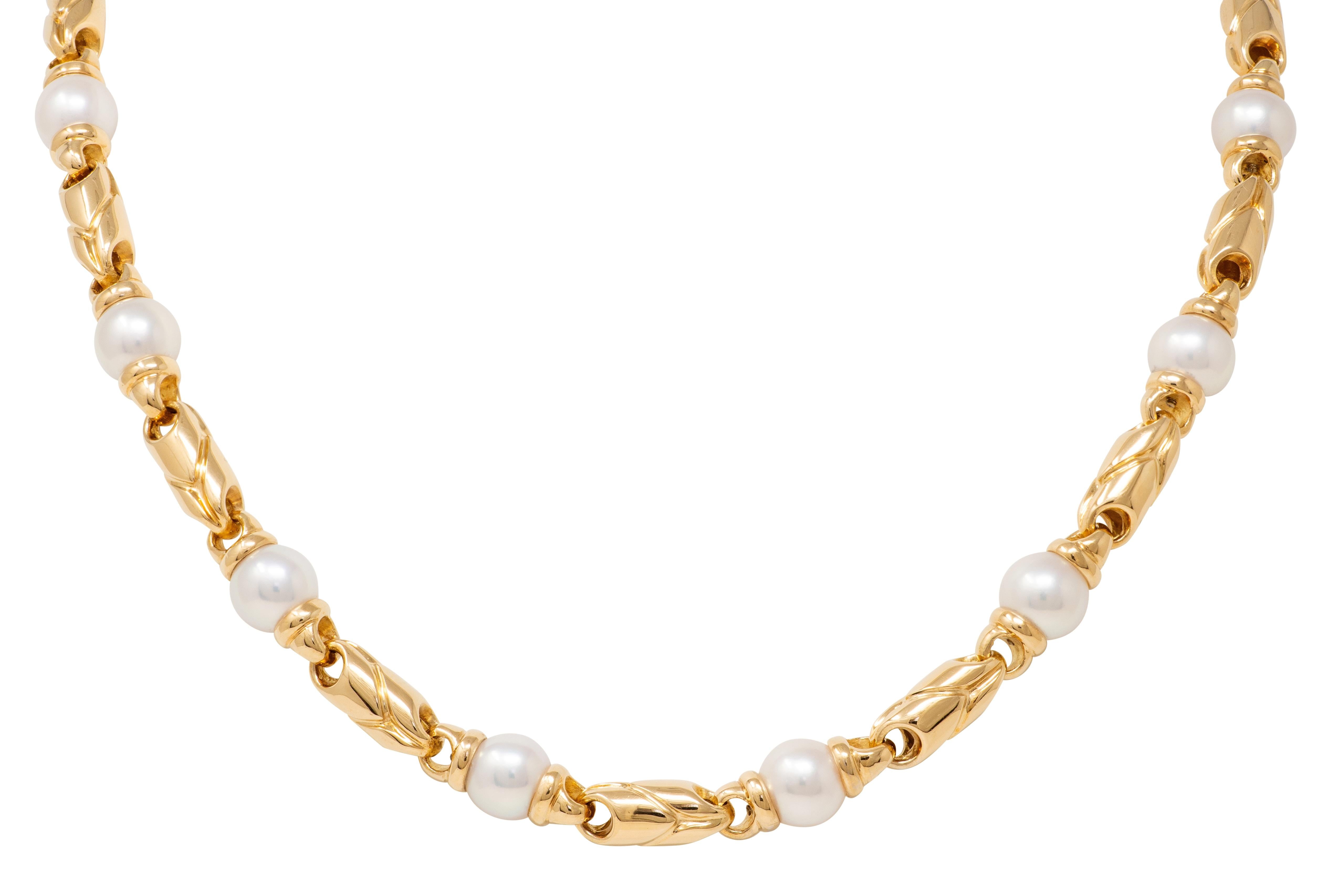 Bulgari 1980's Pearl 18 Karat Yellow Gold Vintage Passo Doppio Station Necklace