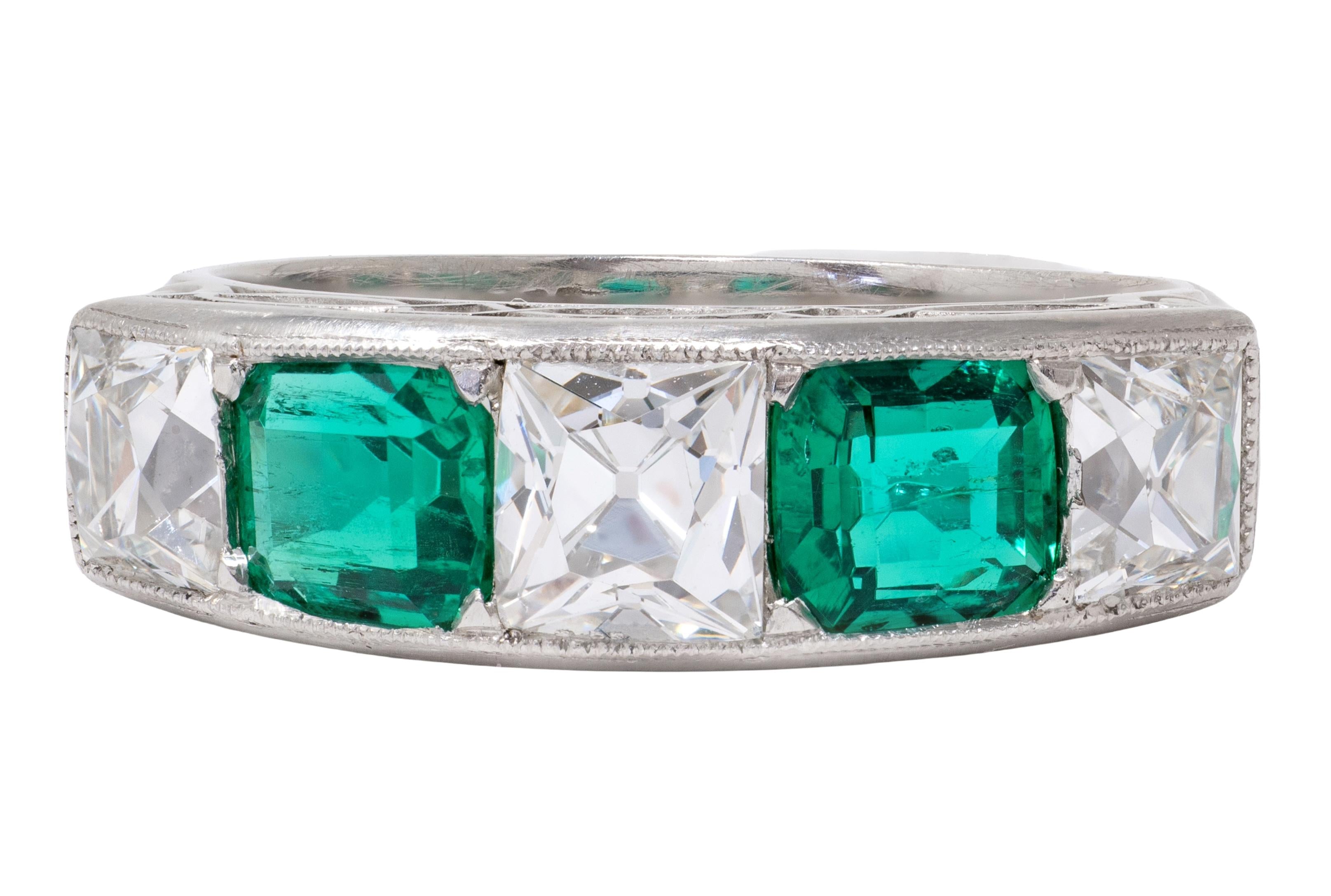 Tiffany & Co. Art Deco French Cut Diamond Emerald Platinum Vintage Band Ring
