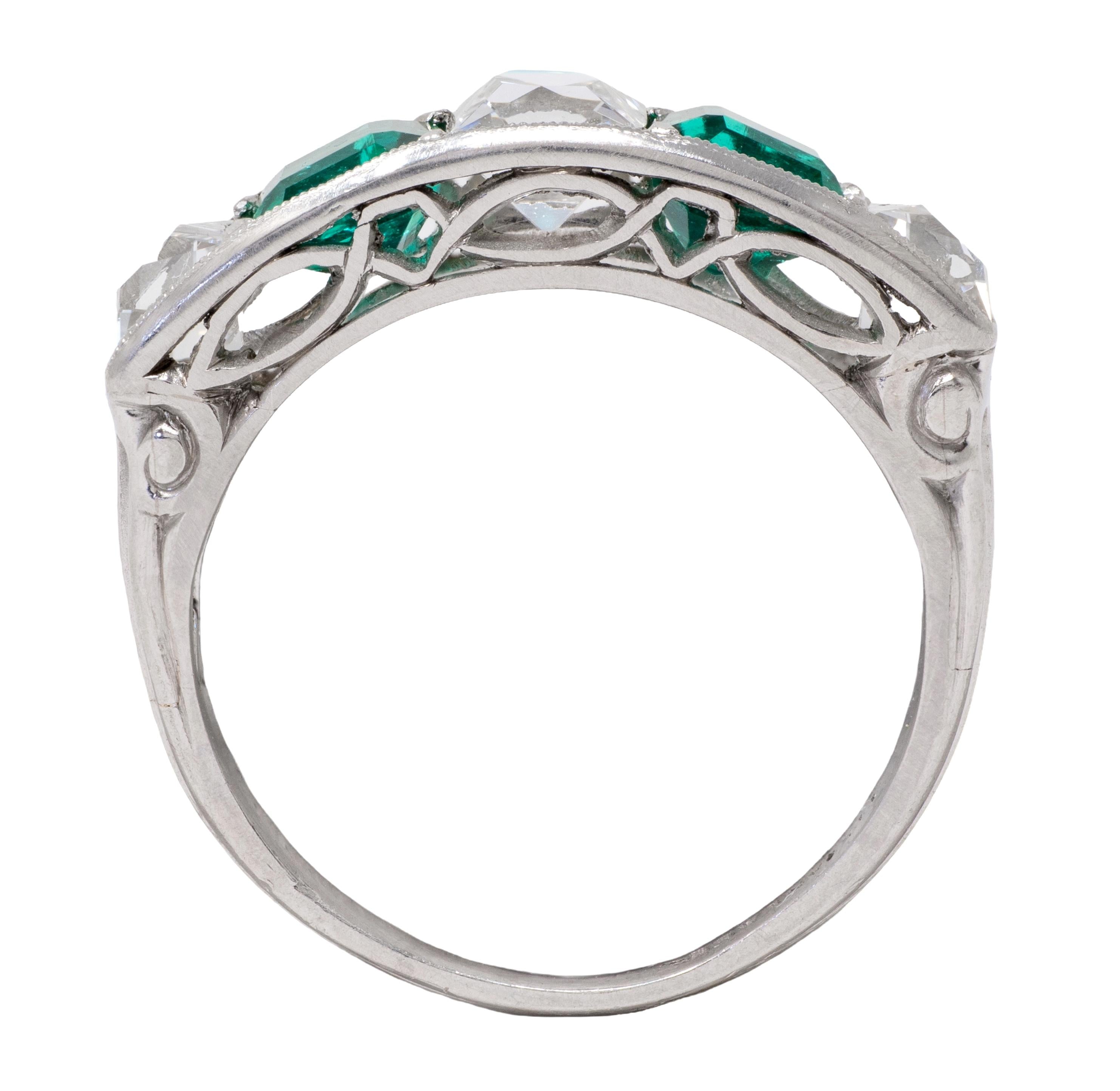 Tiffany & Co. Art Deco French Cut Diamond Emerald Platinum Vintage Band Ring