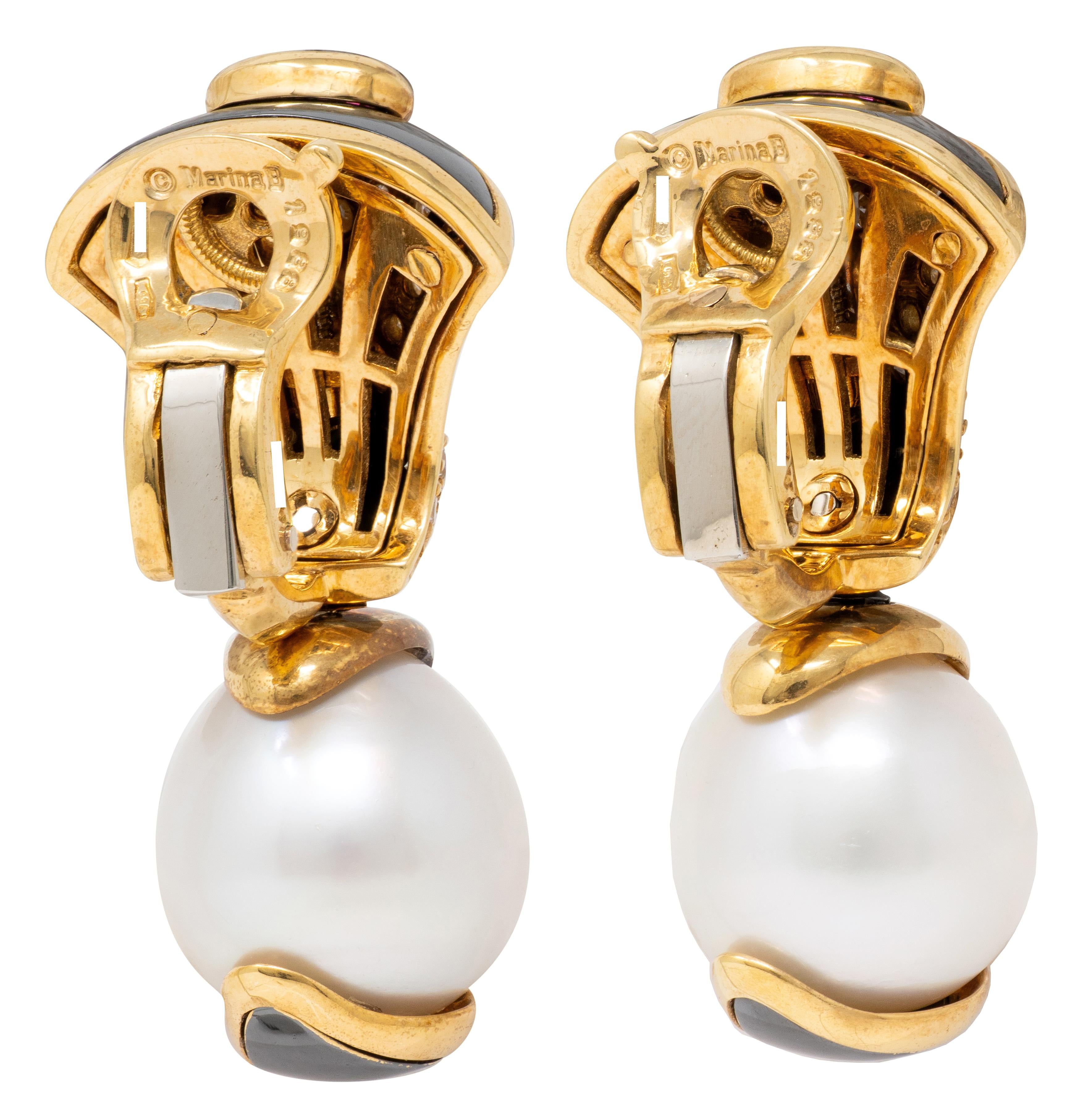 Marina B. 1986 Pearl Tourmaline Hematite 18K Gold Vintage Drop Ear-Clip Earrings