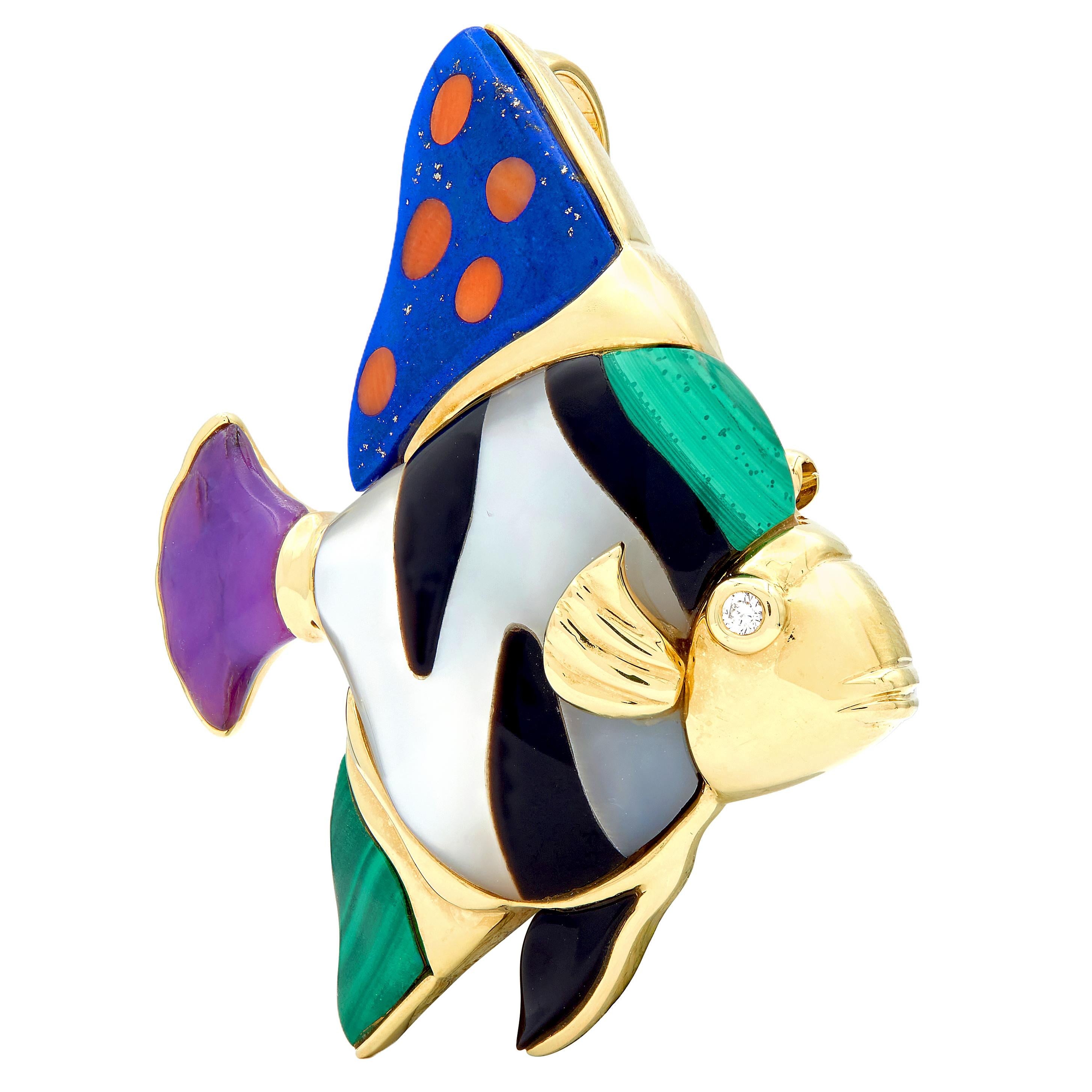 Asch Grossbardt 1980's Diamond Multi-Gem 18K Gold Vintage Fish Pendant Brooch