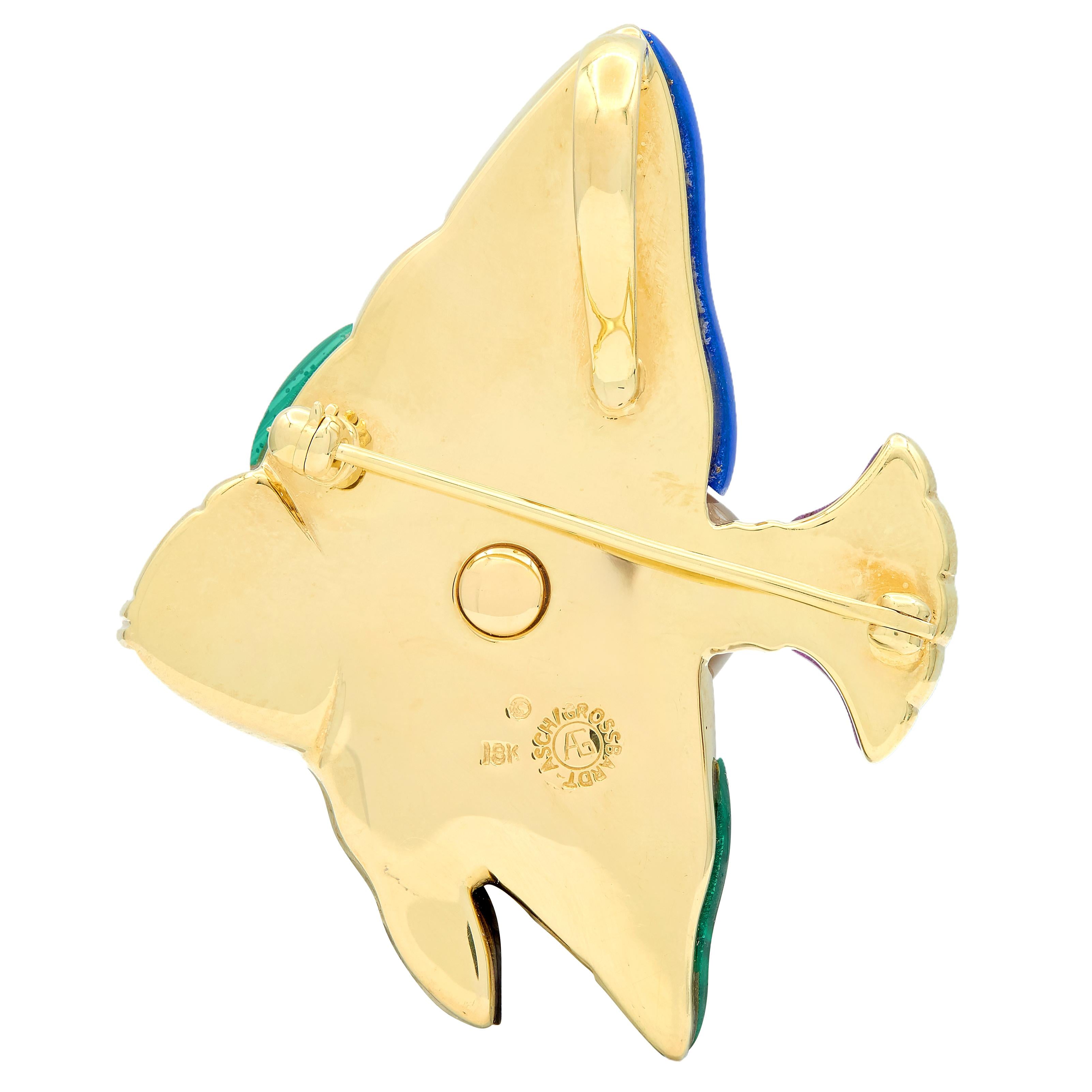 Asch Grossbardt 1980's Diamond Multi-Gem 18K Gold Vintage Fish Pendant Brooch