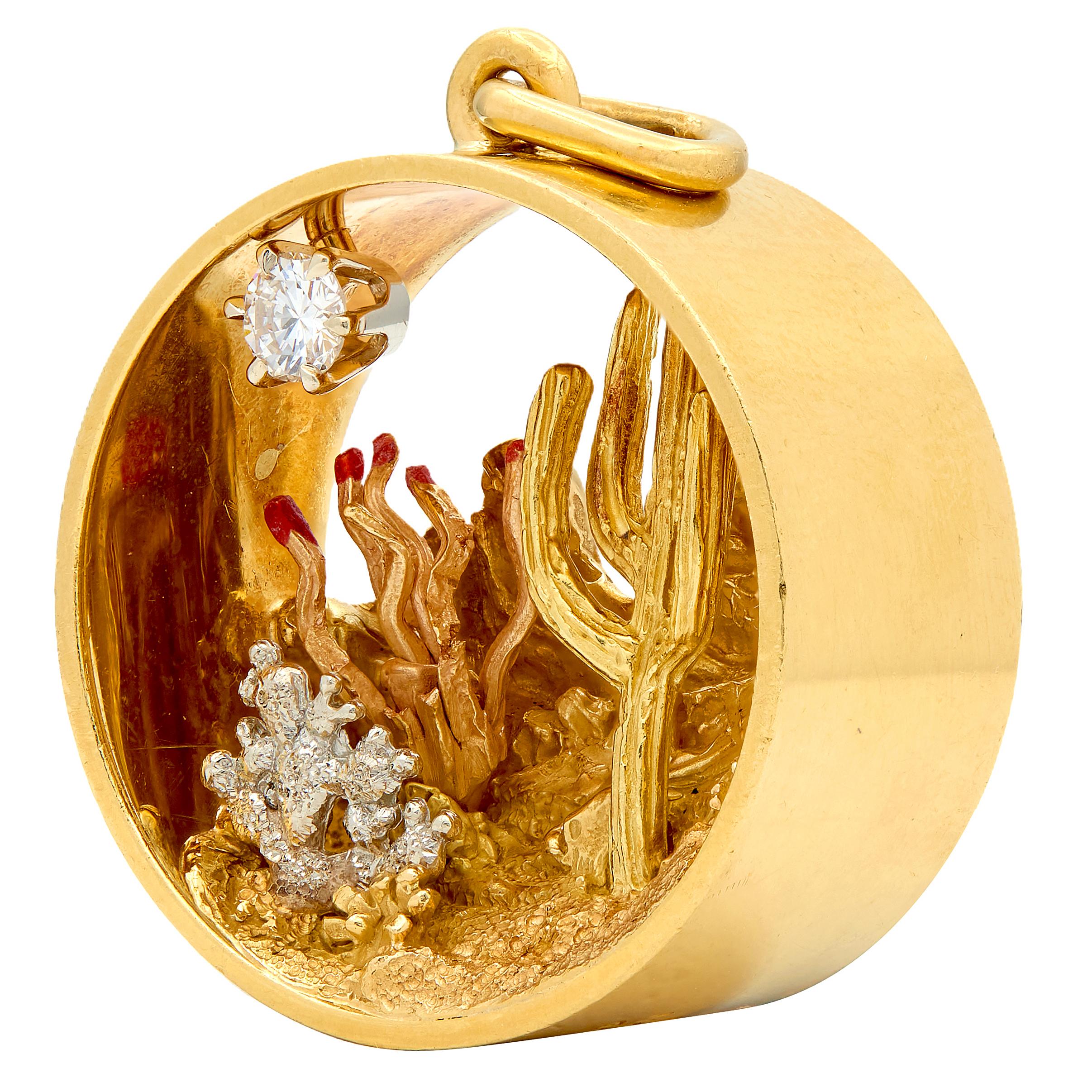 Bryson 1989 Diamond 18K Tri-Colored Gold Vintage Desert Cactus Pendant Charm