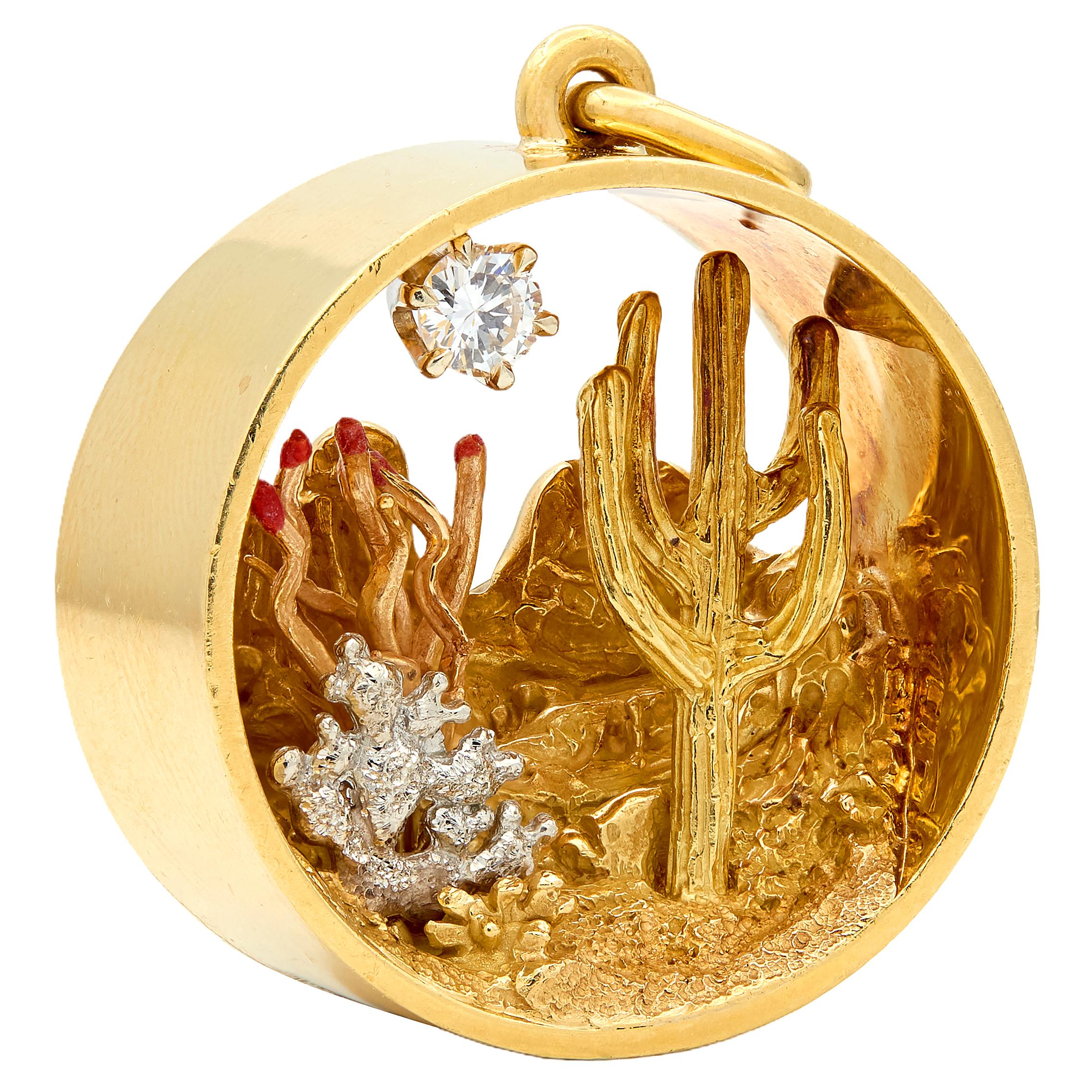 Bryson 1989 Diamond 18K Tri-Colored Gold Vintage Desert Cactus Pendant Charm