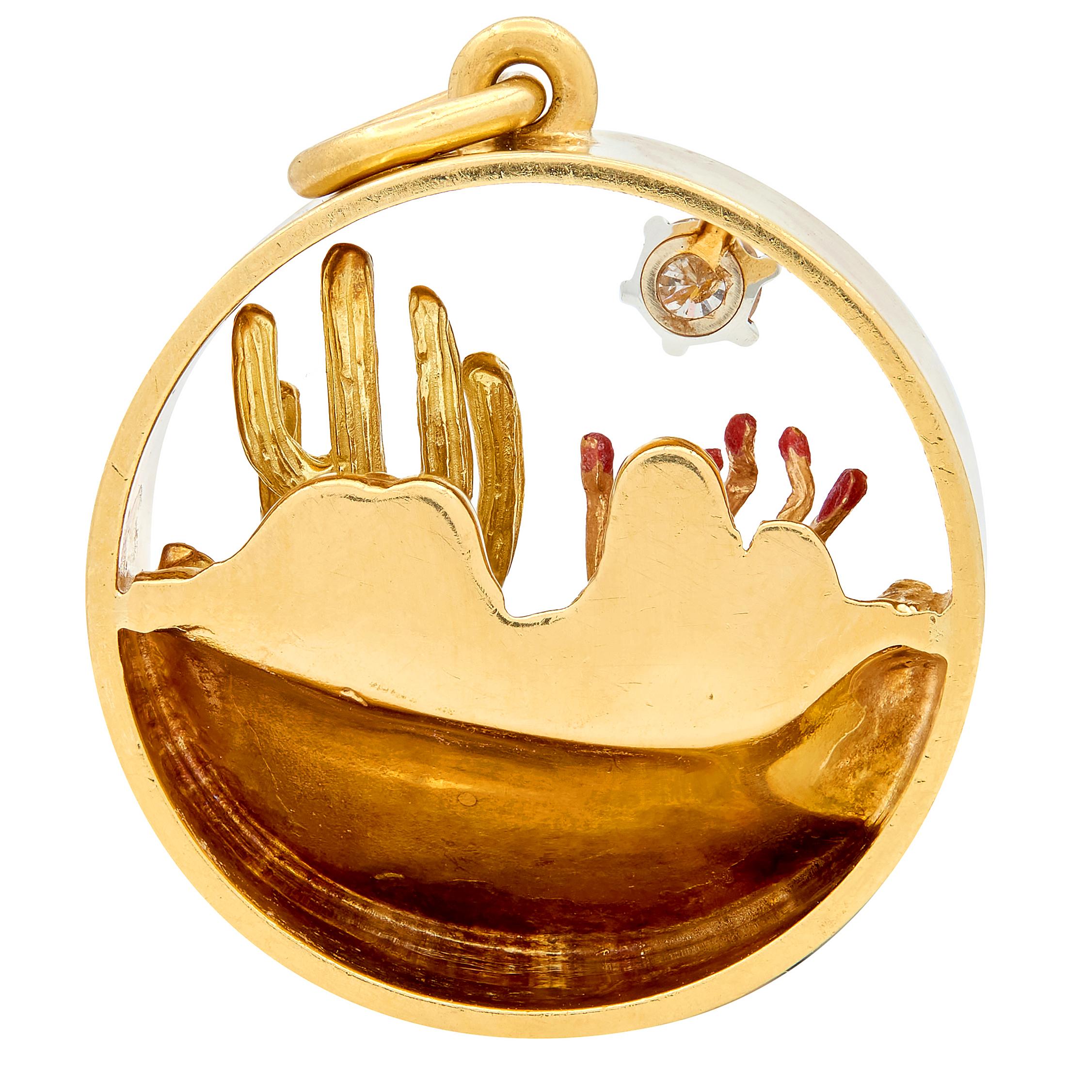 Bryson 1989 Diamond 18K Tri-Colored Gold Vintage Desert Cactus Pendant Charm