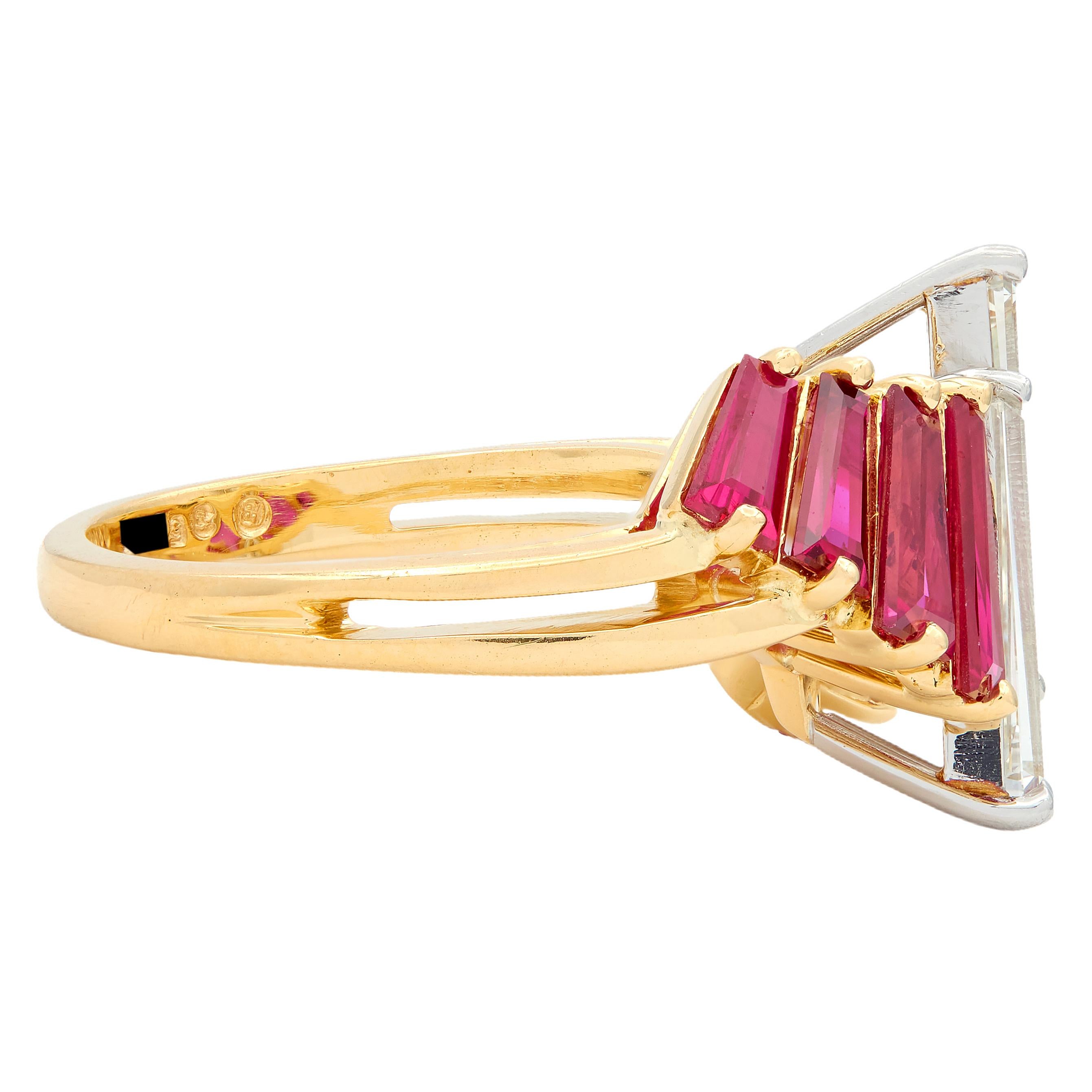 Oscar Heyman 1980's Diamond Ruby 18K Yellow Gold Platinum Vintage Bypass Ring