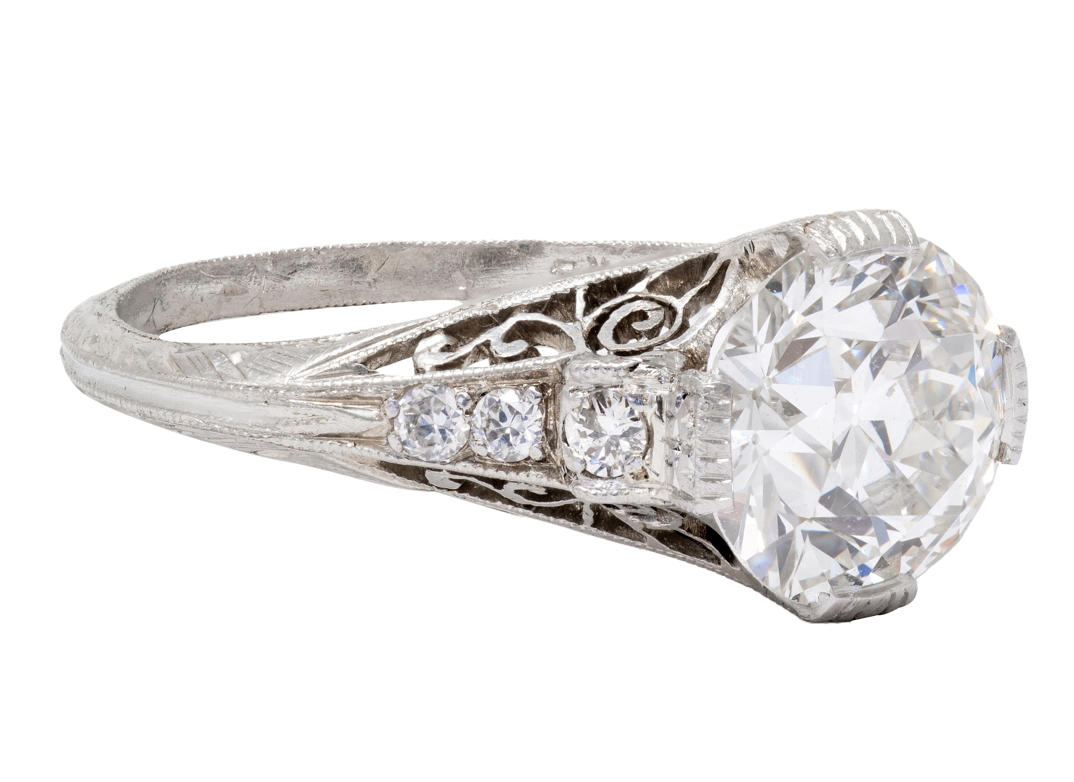 Art Deco Birks Old European Diamond Platinum Vintage Swirl Engagement Ring GIA