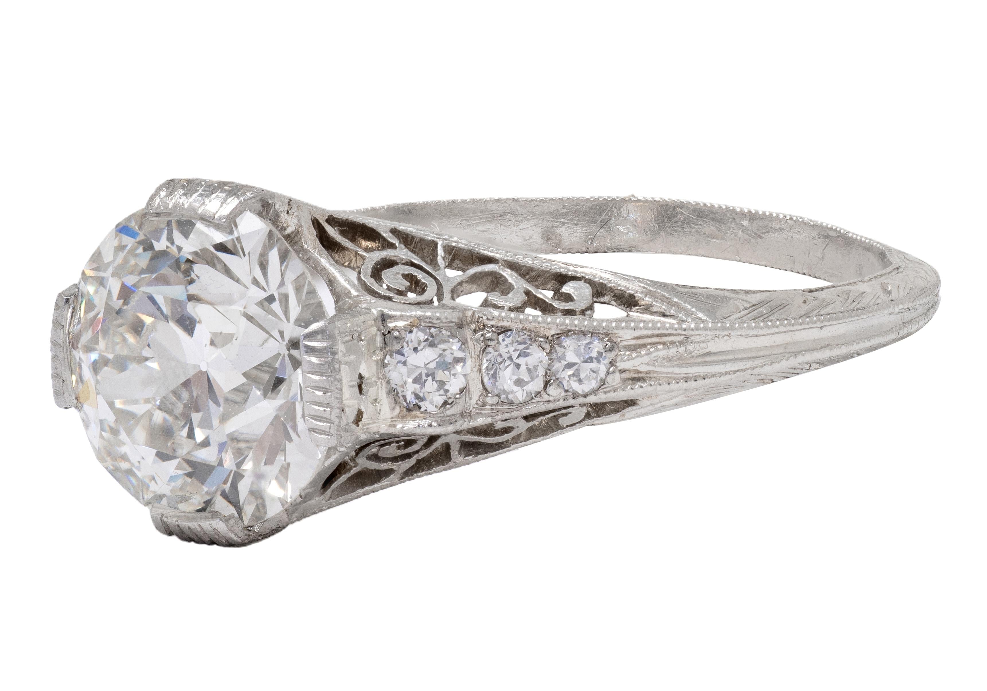 Art Deco Birks Old European Diamond Platinum Vintage Swirl Engagement Ring GIA