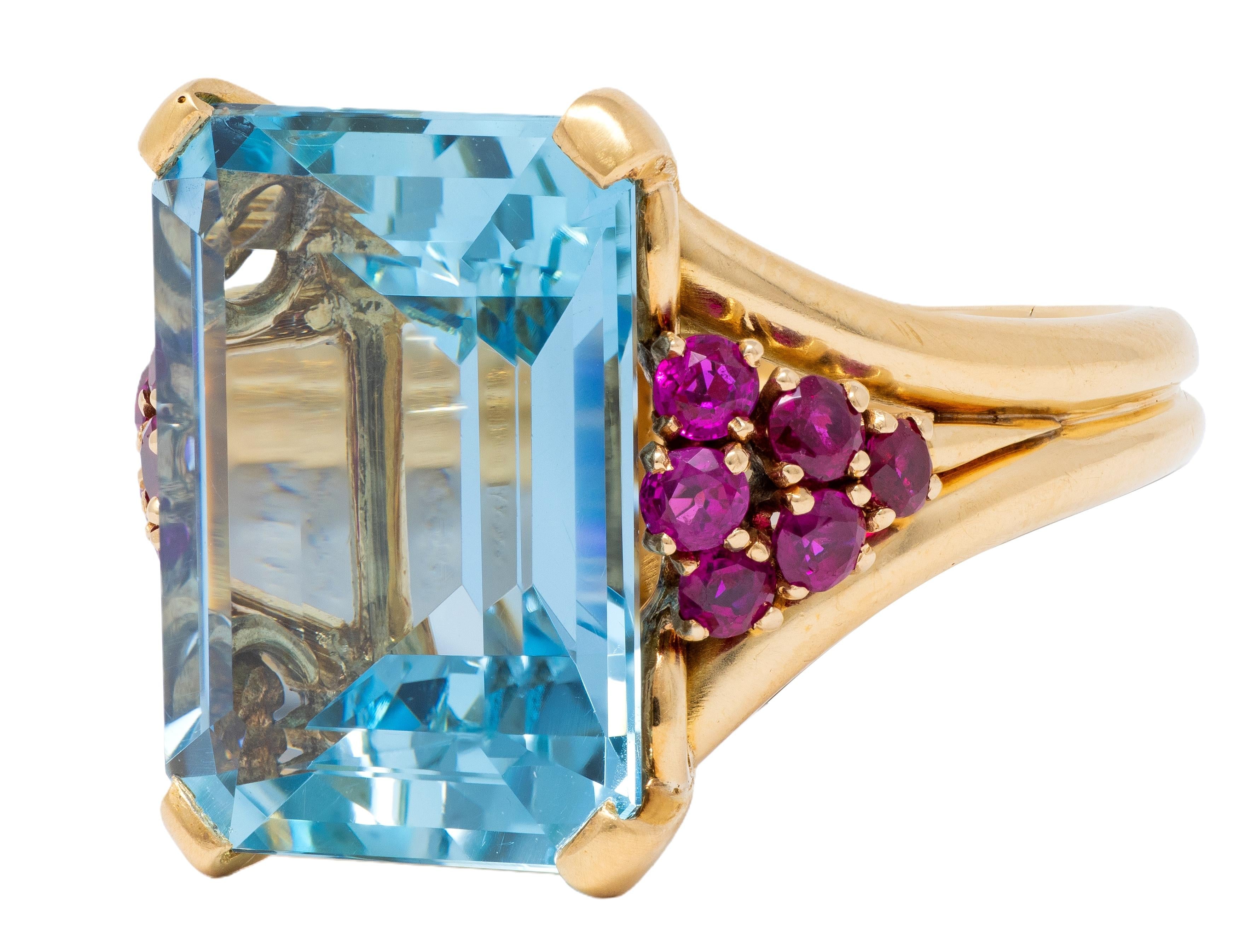 Tiffany & Co. 1940's Aquamarine Ruby 18 Karat Yellow Gold Vintage Cocktail Ring