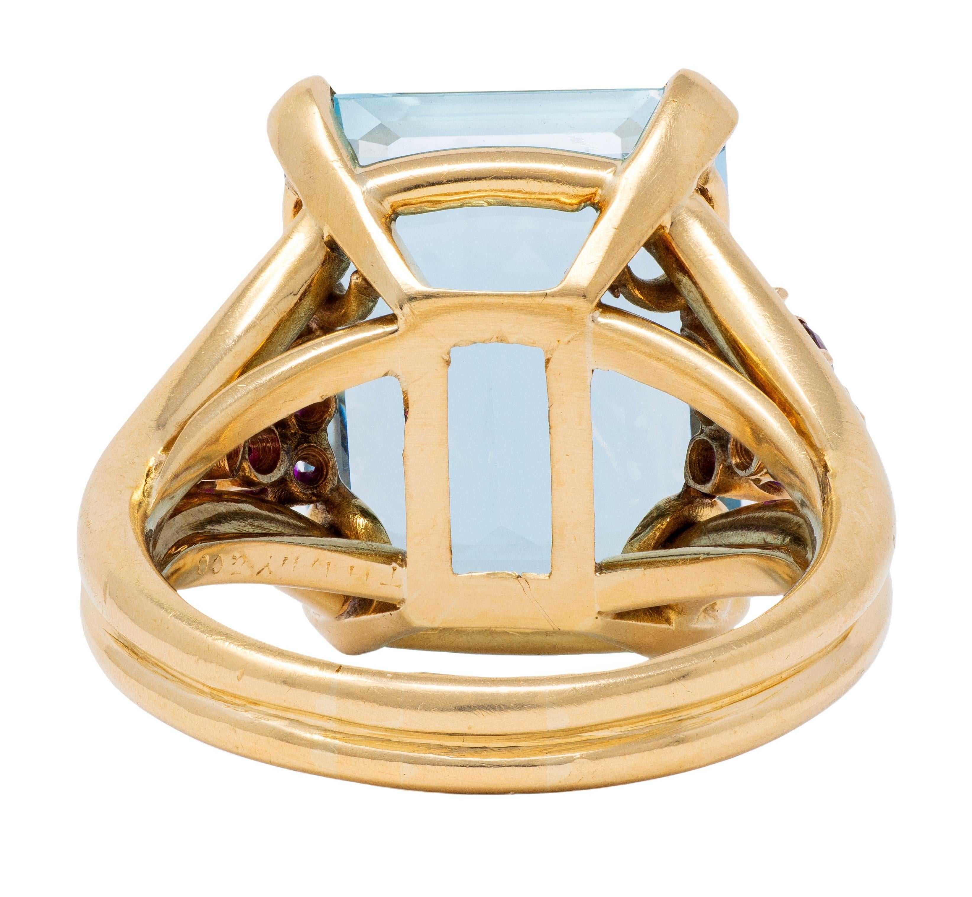 Tiffany & Co. 1940's Aquamarine Ruby 18 Karat Yellow Gold Vintage Cocktail Ring