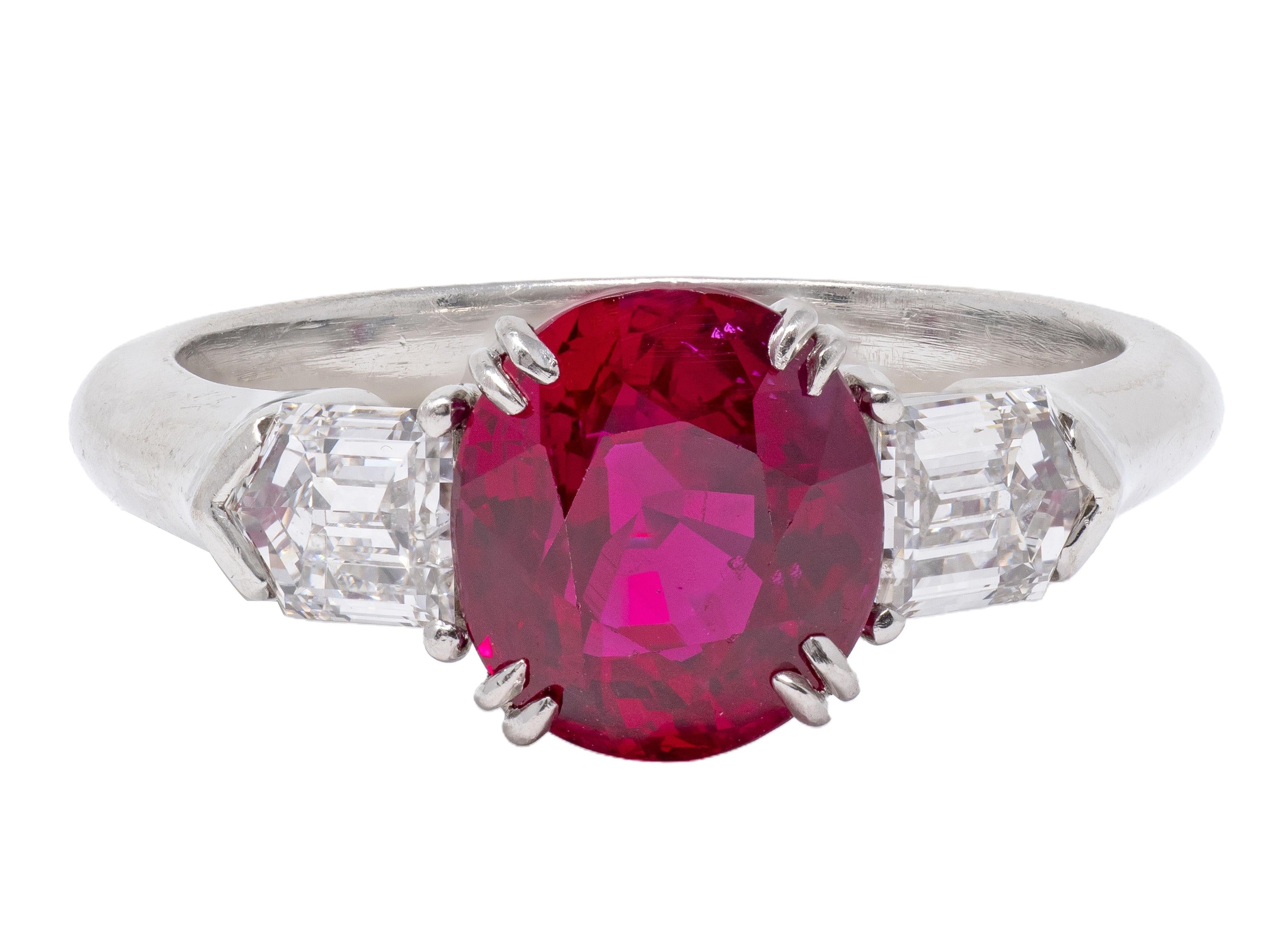 Mid-Century 3.10 CTW Burma Ruby Diamond Platinum Vintage Three Stone Ring AGL