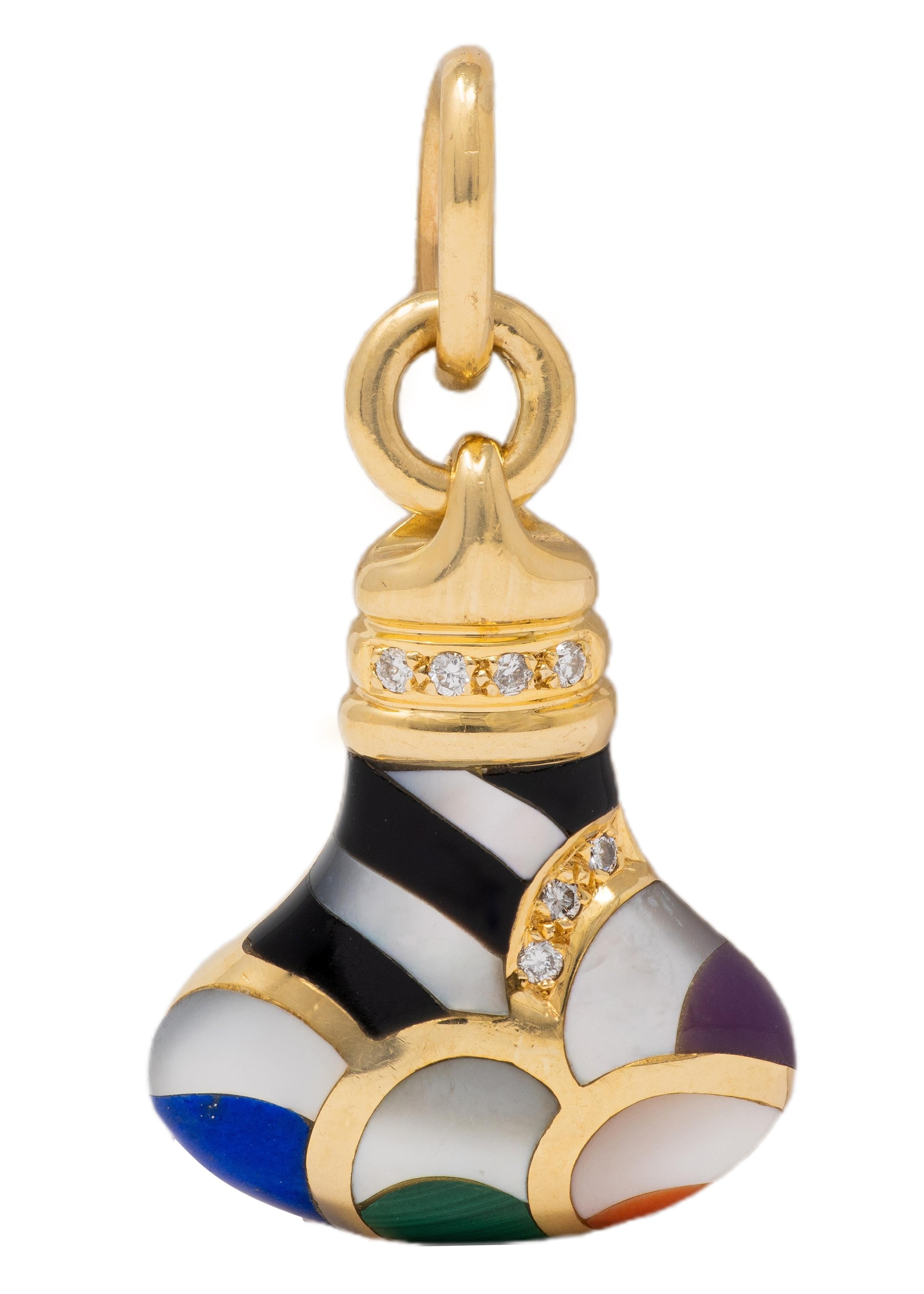 Asch Grossbardt 1980's Diamond Multi-Gem 14K Gold Vintage Striped Bottle Charm