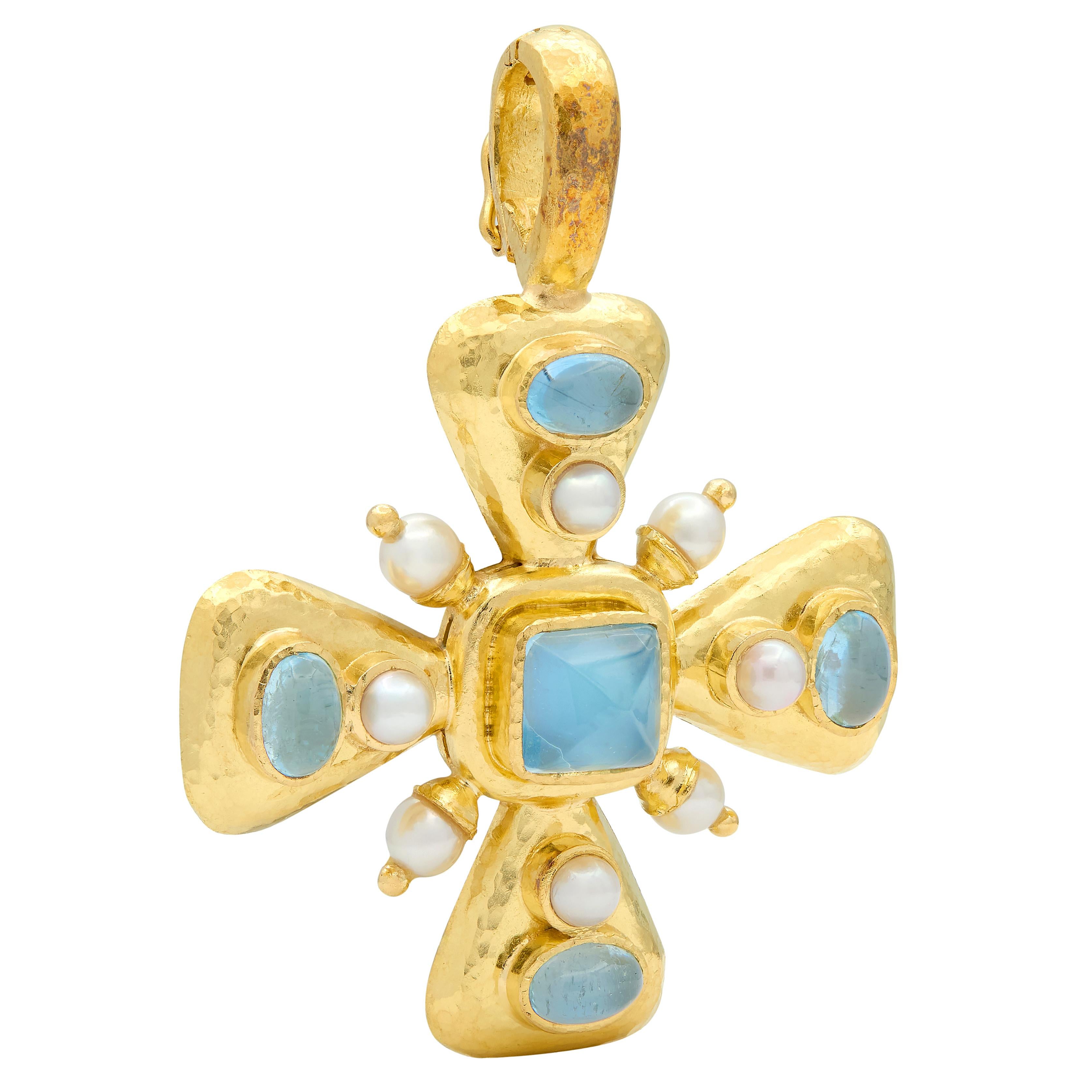 Elizabeth Locke 1990's Pearl Aquamarine 19K Gold Vintage Hammered Cross Pendant