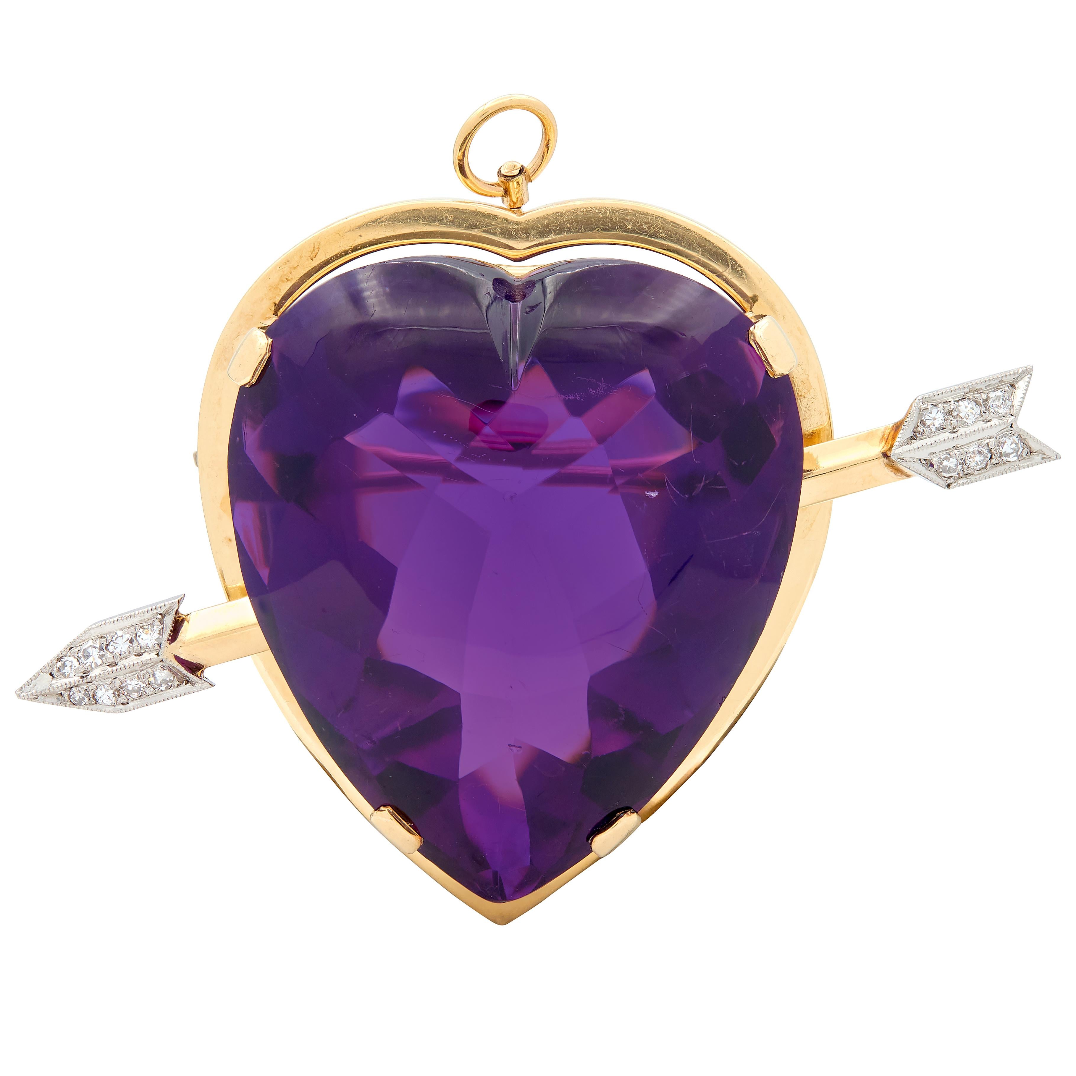 Victorian Amethyst Diamond 14 Karat Gold Antique Arrow & Heart Pendant Brooch