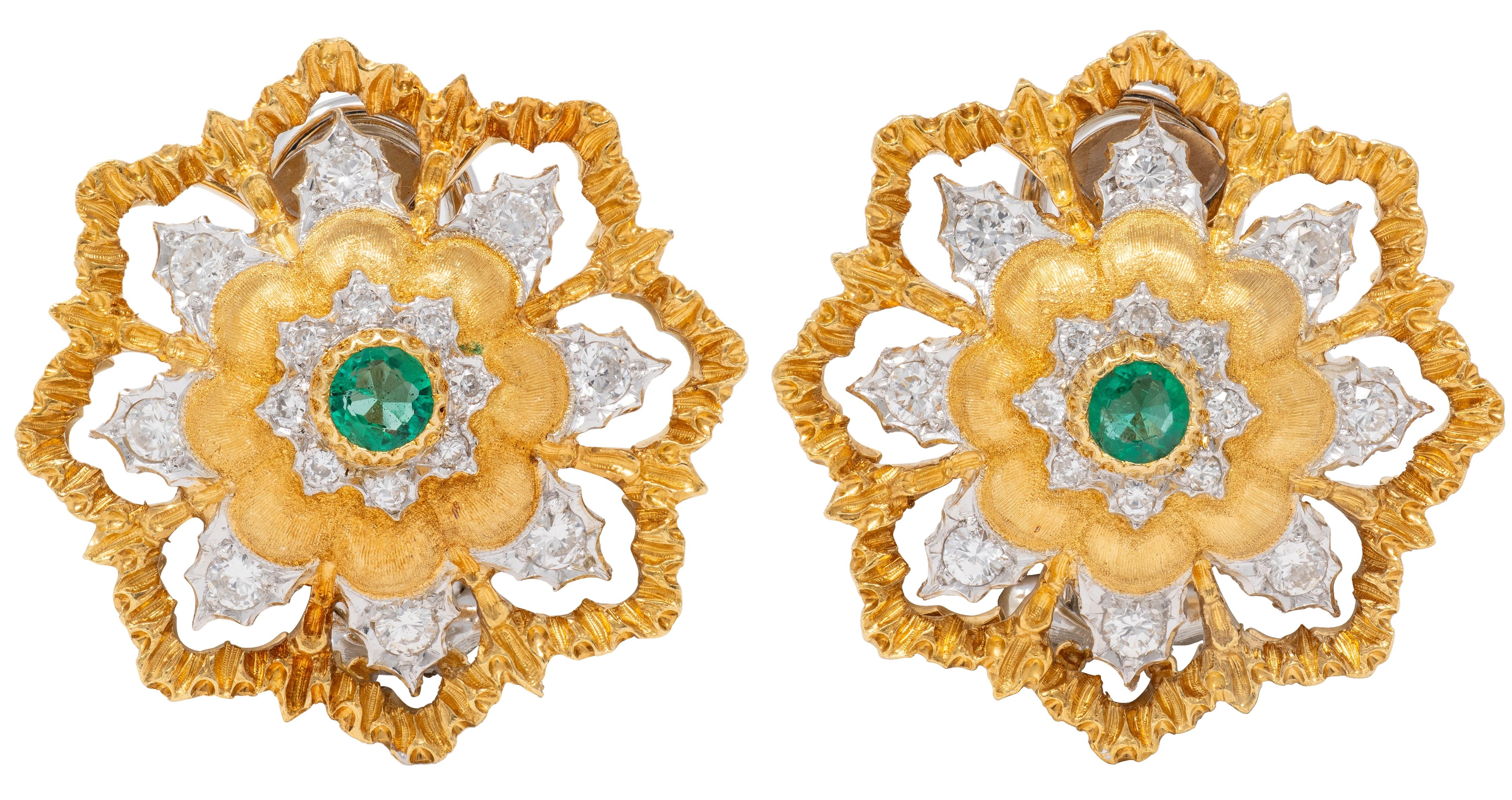 Buccellati 1960's Emerald Diamond 18 Karat Two-Tone Gold Vintage Floral Earrings