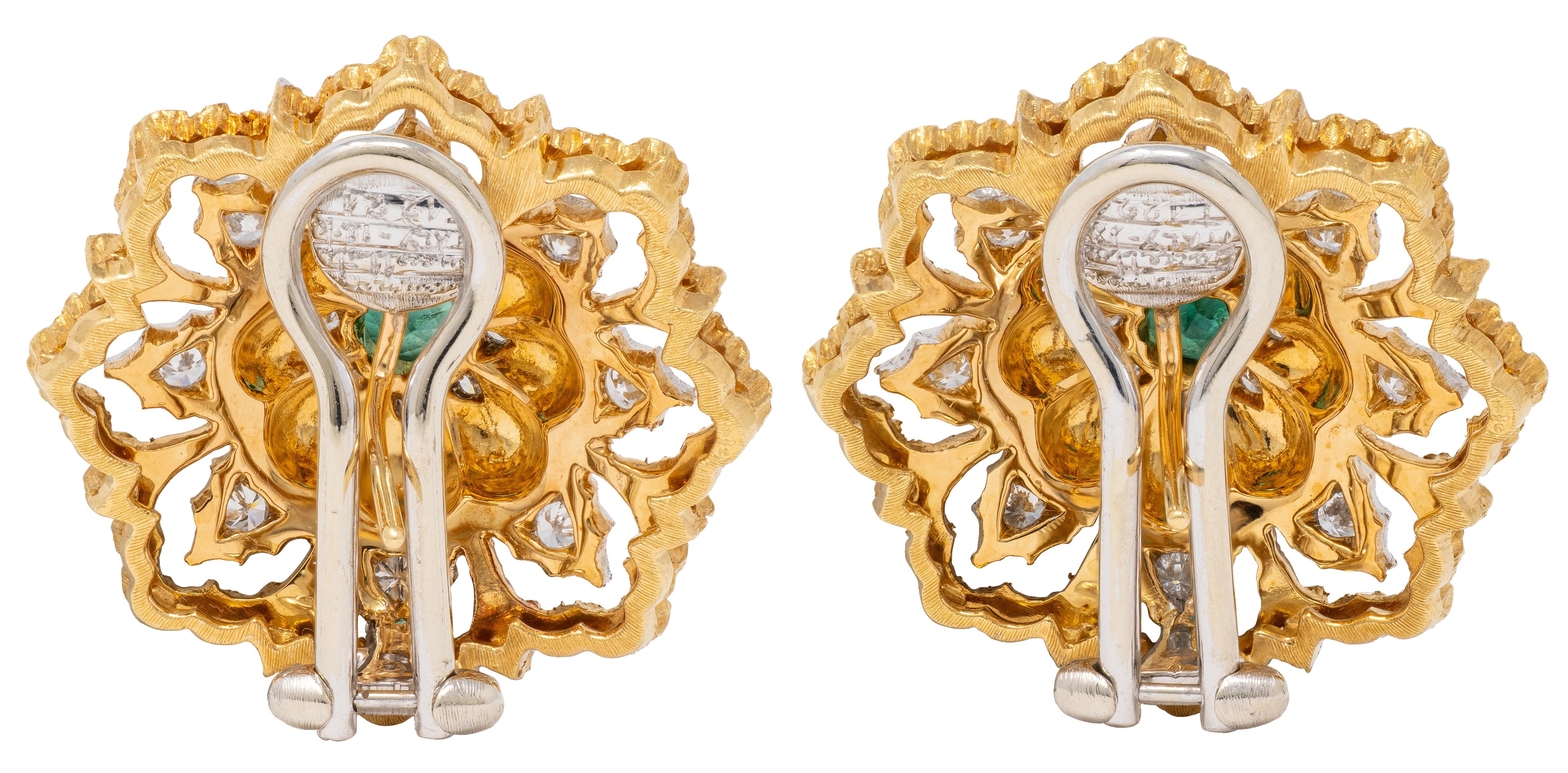 Buccellati 1960's Emerald Diamond 18 Karat Two-Tone Gold Vintage Floral Earrings