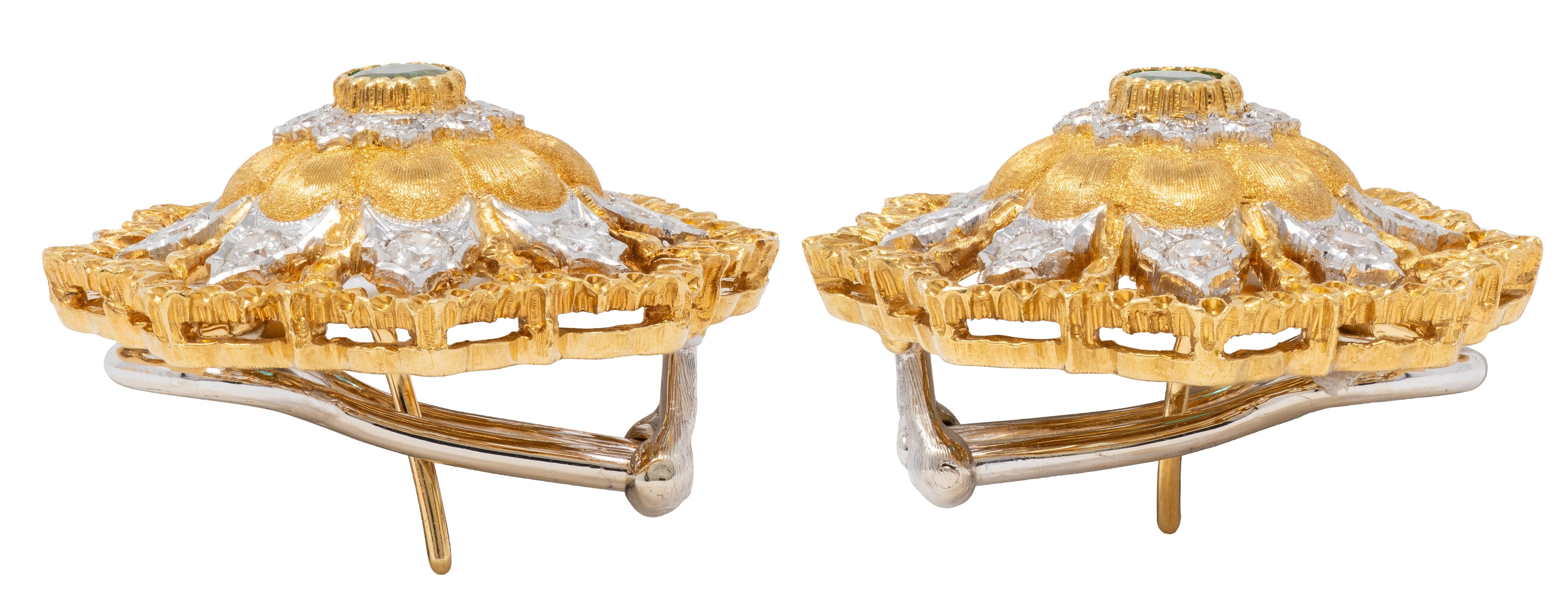 Buccellati 1960's Emerald Diamond 18 Karat Two-Tone Gold Vintage Floral Earrings