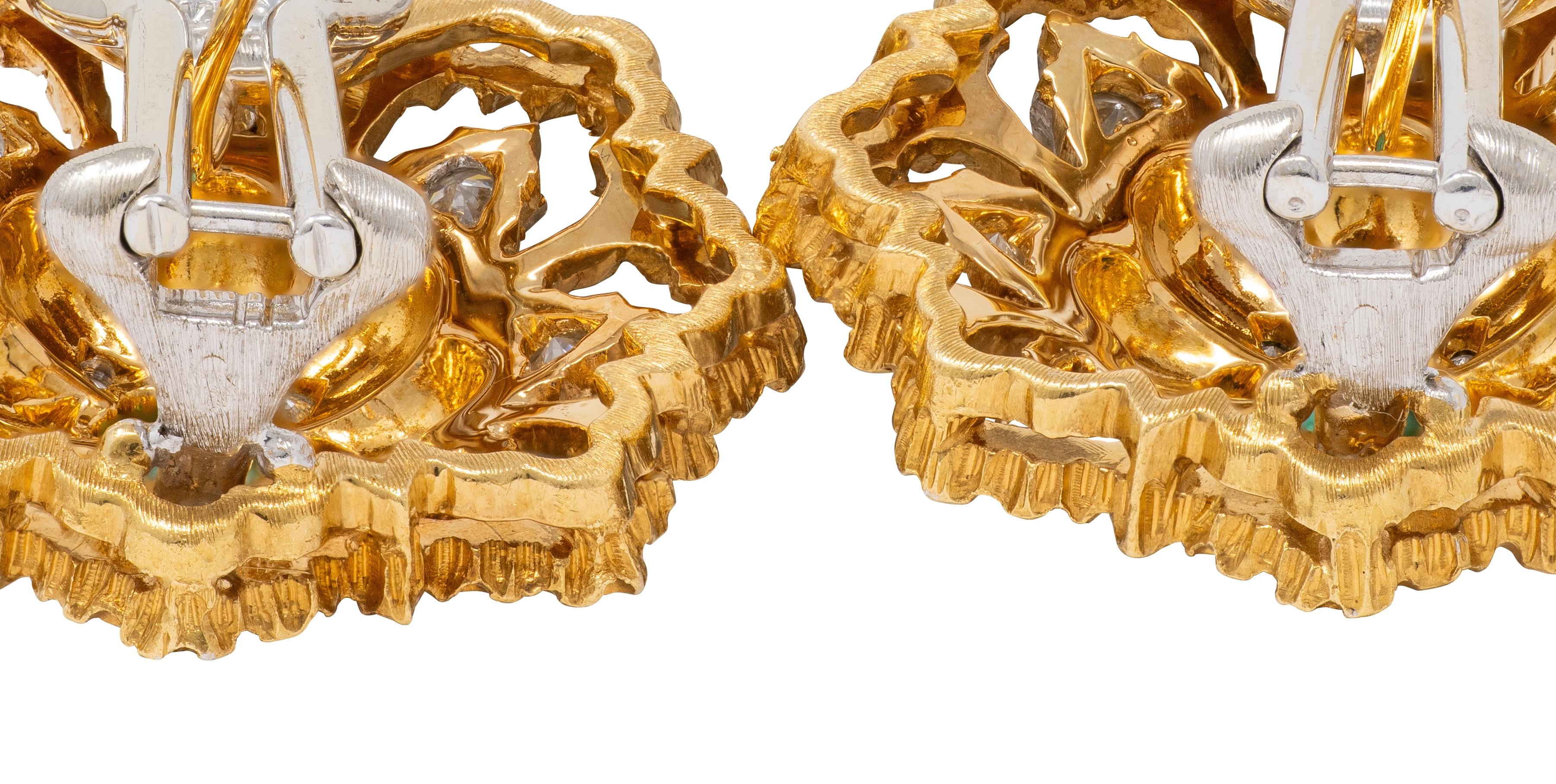 Buccellati 1960's Emerald Diamond 18 Karat Two-Tone Gold Vintage Floral Earrings